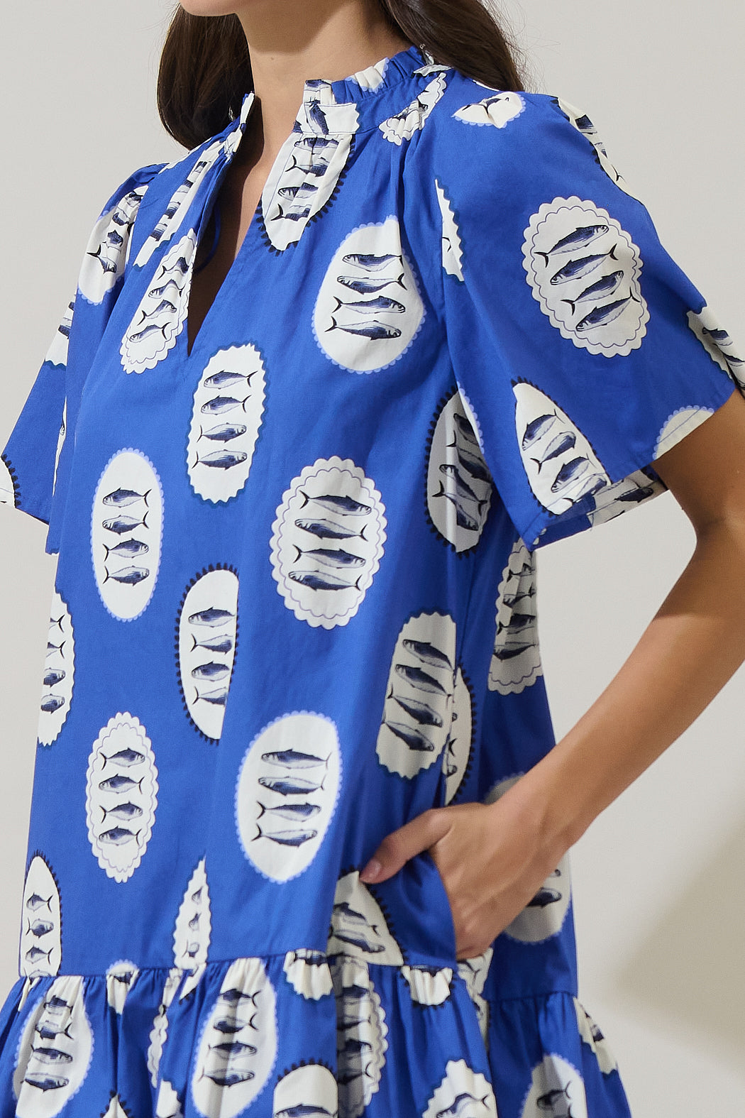 sardine dress linen Little Sardine Linen Novelty Print Mini Dress in White