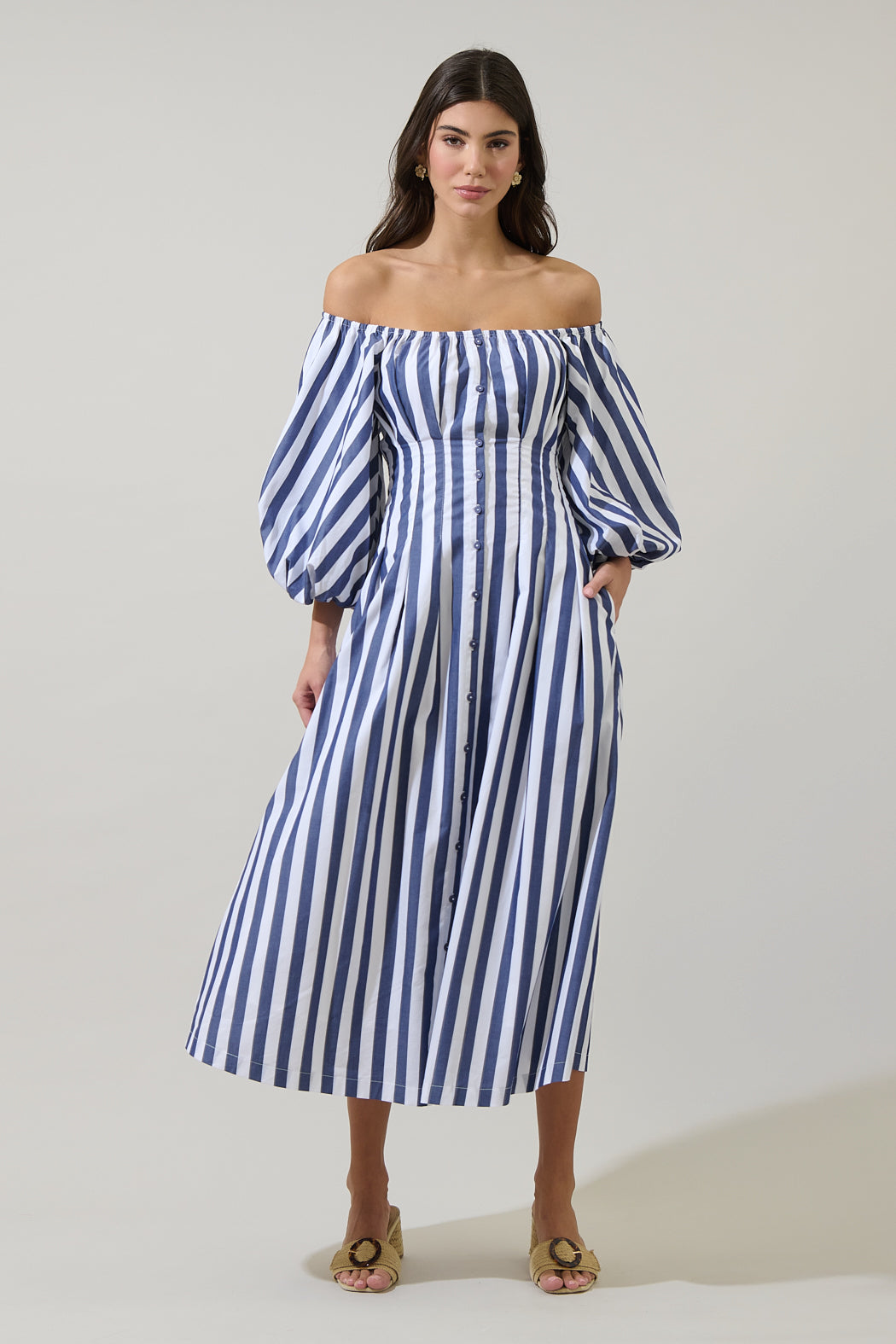 blue and white striped dress off the shoulder Handmade Baltic Linen Off-Shoulder Dress