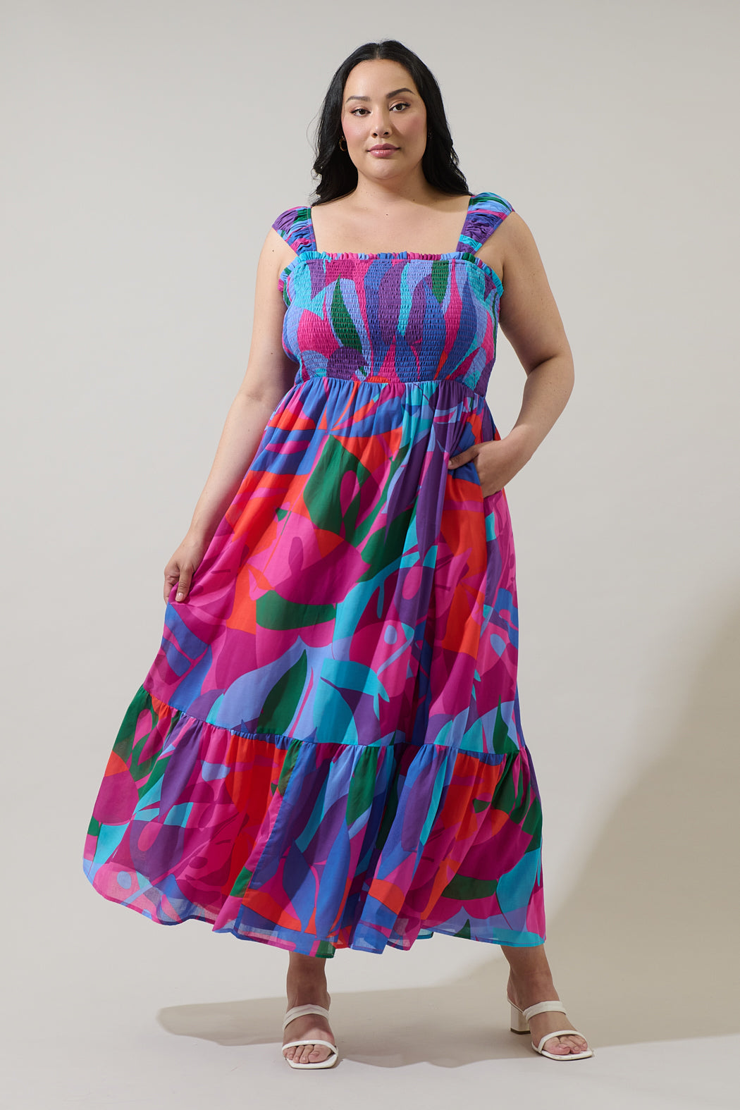 Vemmy Abstract Tayla Smocked Maxi Dress Curve MAGENTA-BLUE-GREEN / 3X by Sugarlips Vemmy Abstract Tayla Smocked Maxi Dress Curve MAGENTA-BLUE-GREEN / 3X by Sugarlips
