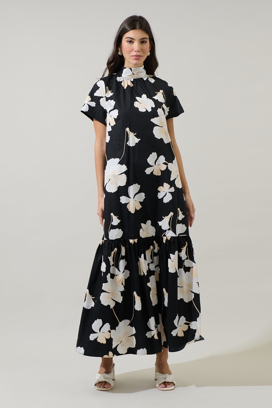 Sugarlips Medina Floral Dime Mock Neck Short Sleeve Maxi Dress, Womens, S, Black/Grey