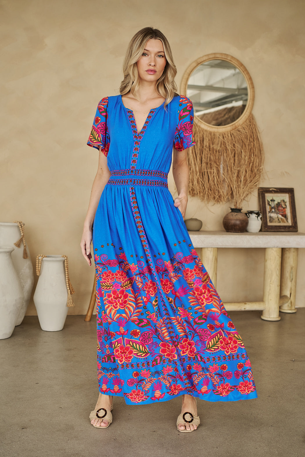 floral smocked maxi dress Womens Summer Sleeveless Boho Spaghetti Strap A Line Flowy Beach Long Sundress Purple XL Short Sleeve Blue Skies Vintage Floral Smocked
