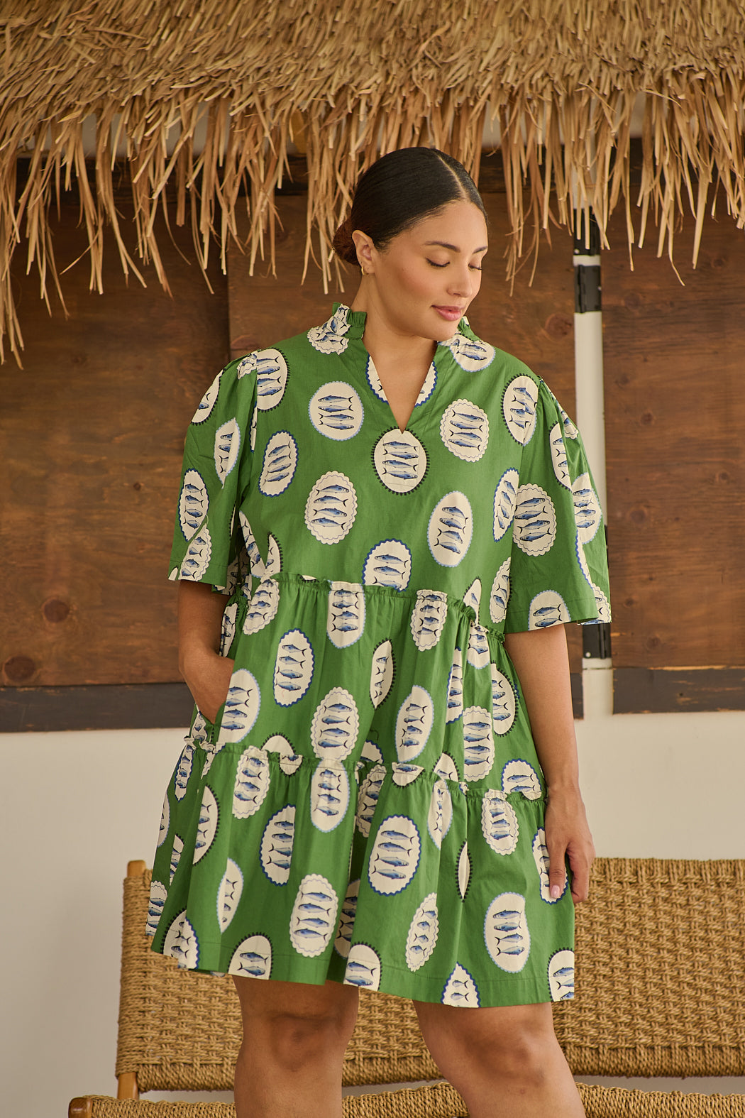 Dixie Split Neck Shift Dress Sardine Sea Curve GREEN-MULTI / 1X