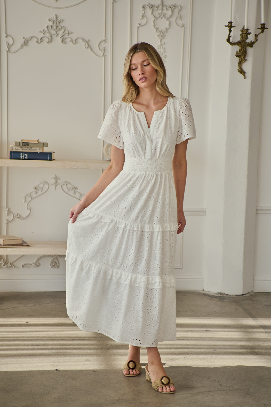 midsummer eyelet tiered maxi dress ASTR Midsummer Eyelet Tiered Maxi Dress In Pink Multi Floral