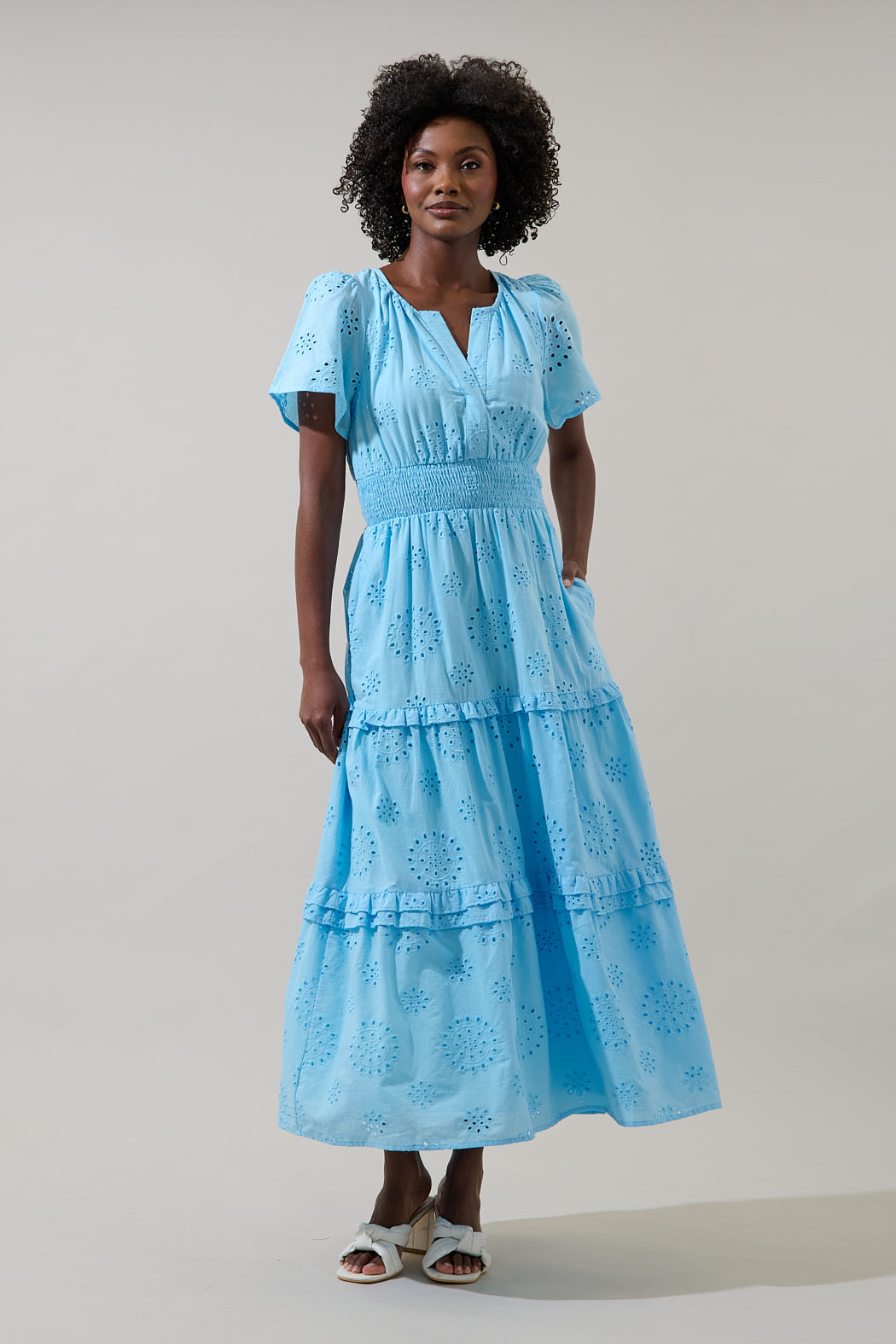 Vanesa Eyelet Palmer Poplin Tiered Maxi Dress LT-BLUE / S