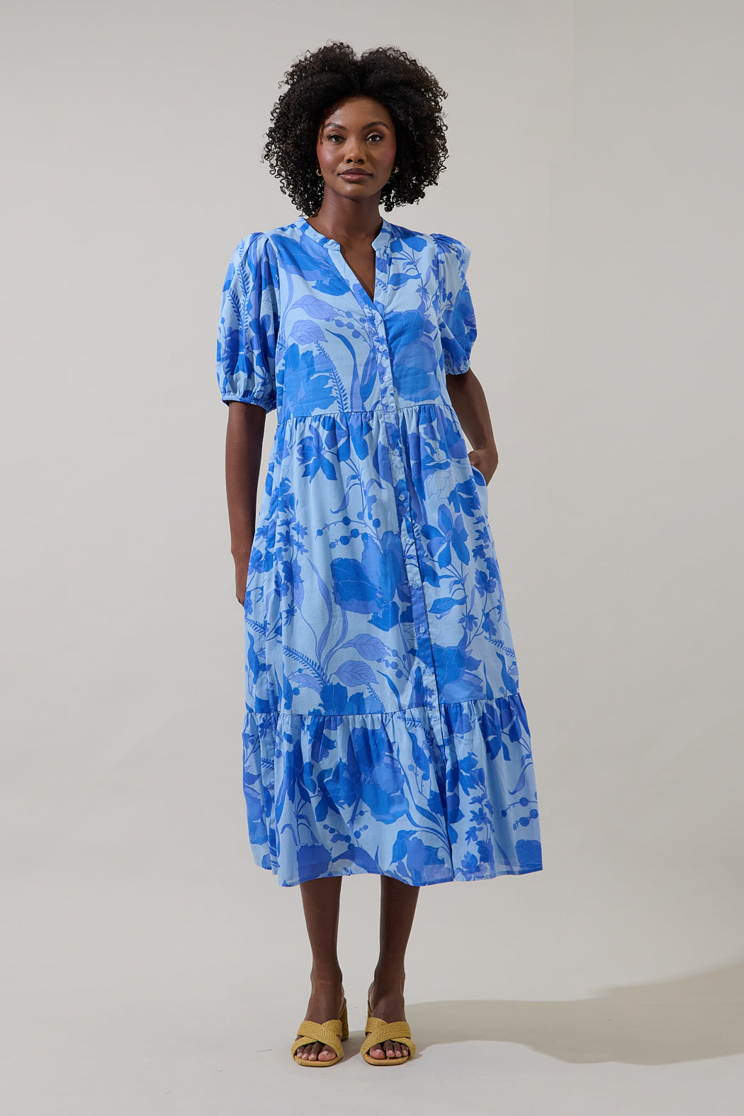SUGARLIPS Women's Veran Floral Button-Up Tiered Cotton Shirtdress - Blue SUGARLIPS Women's Veran Floral Button-Up Tiered Cotton Shirtdress - Blue