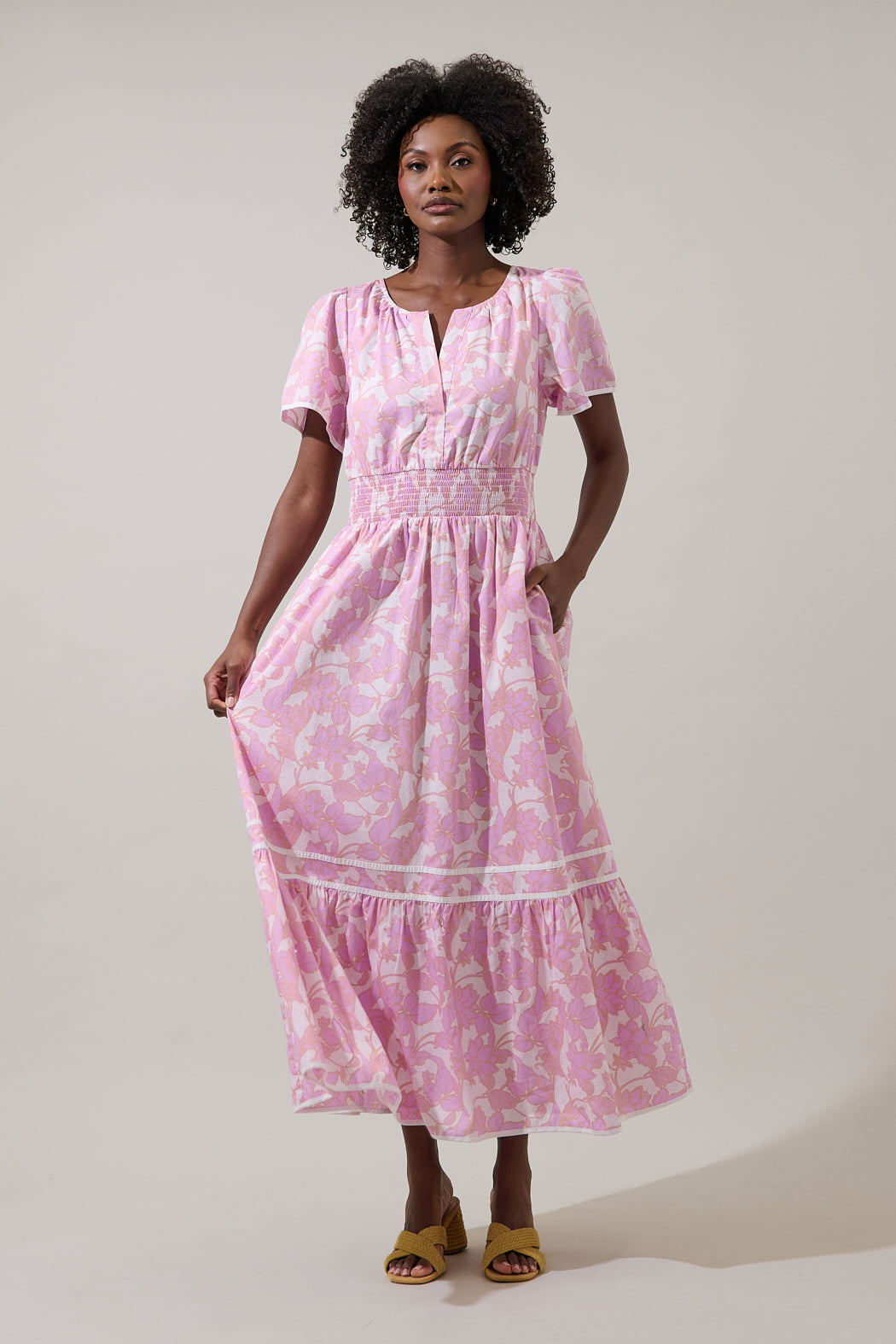 pink smocked midi dress Pink Smocked Shoulder Tie Midi Dress