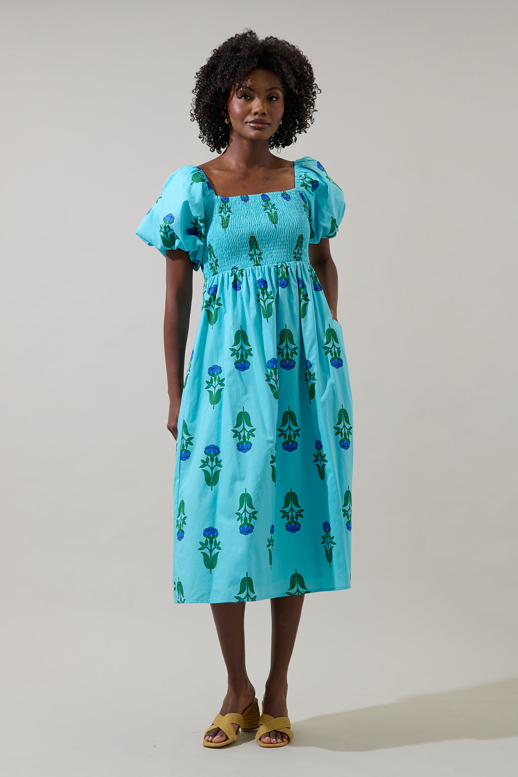smocked midi dress floral Baltic Born Womens Loretta Smocked Midi Dress | Midnight Floral