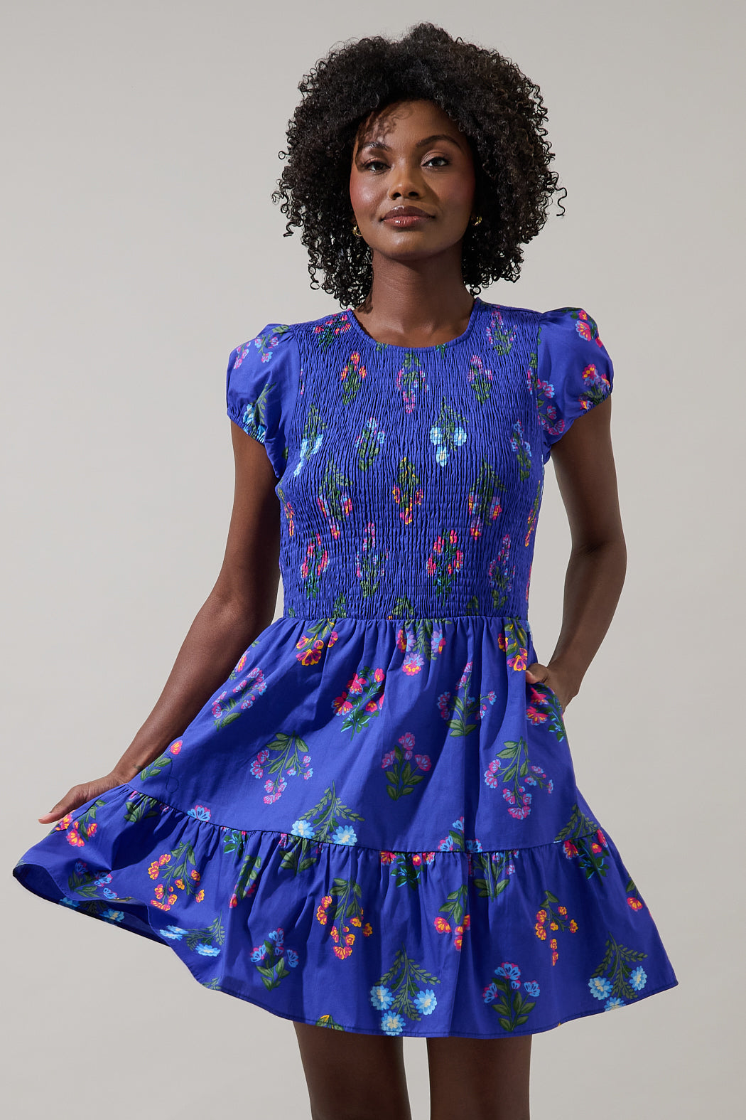 SUGARLIPS Women's Clemen Ansel Floral Smocked Bodice Tiered Cotton Dress - Blue - Casual dresses SUGARLIPS Women's Clemen Ansel Floral Smocked Bodice Tiered Cotton Dress - Blue - Casual dresses