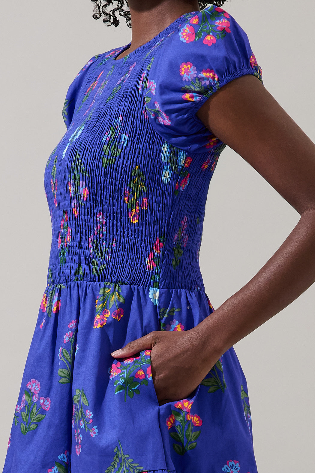 SUGARLIPS Women's Clemen Ansel Floral Smocked Bodice Tiered Cotton Dress - Blue - Casual dresses SUGARLIPS Women's Clemen Ansel Floral Smocked Bodice Tiered Cotton Dress - Blue - Casual dresses