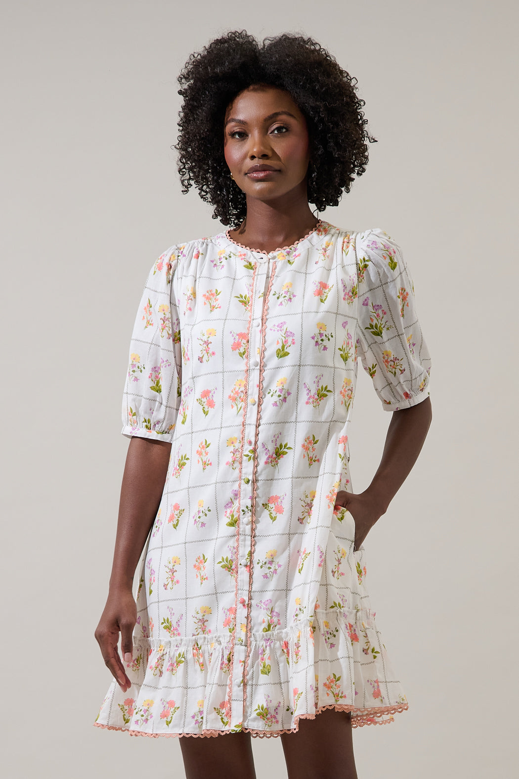 Diane Floral Redna Button Down Mini Dress CORAL-MUL / L