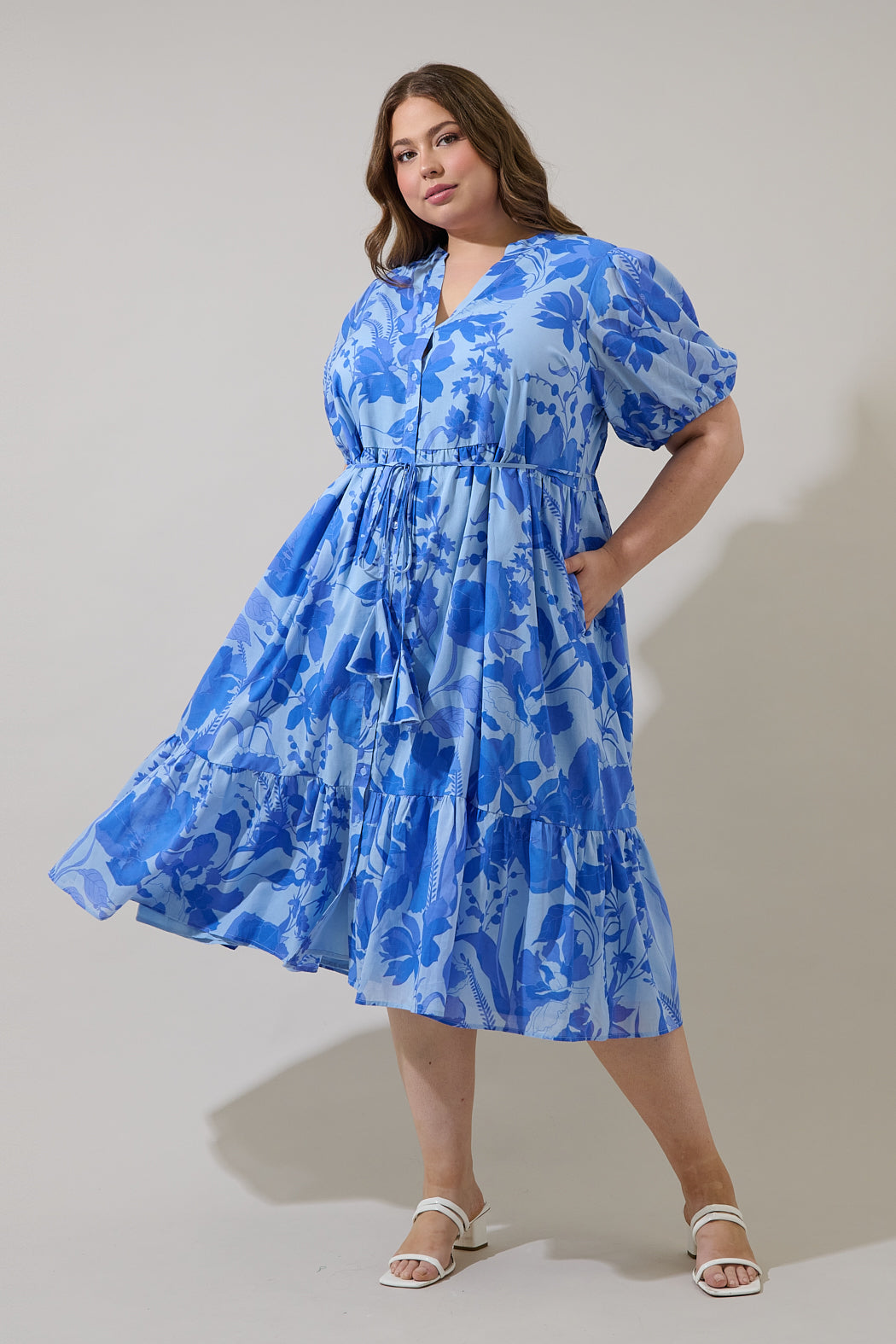 blue button down midi dress Blue Button-Down Polka Dot Shirred Bow Maternity Midi Dress