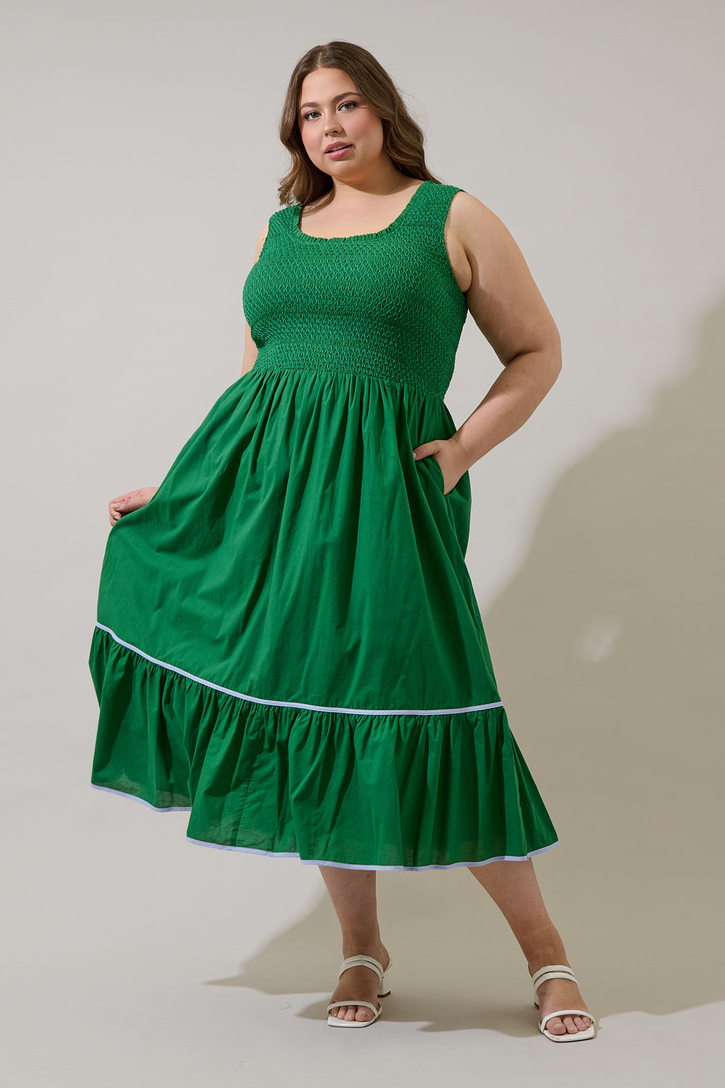 Jessy Smocked Midi Dress Curve Emerald / 1x by Sugarlips Jessy Smocked Midi Dress Curve Emerald / 1x by Sugarlips