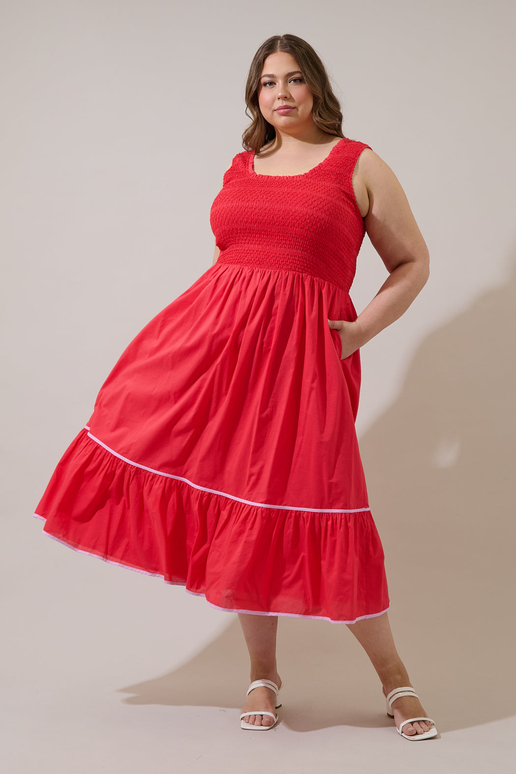 red smocked midi dress RED SMOCKED POPLIN MIDI DRESS S