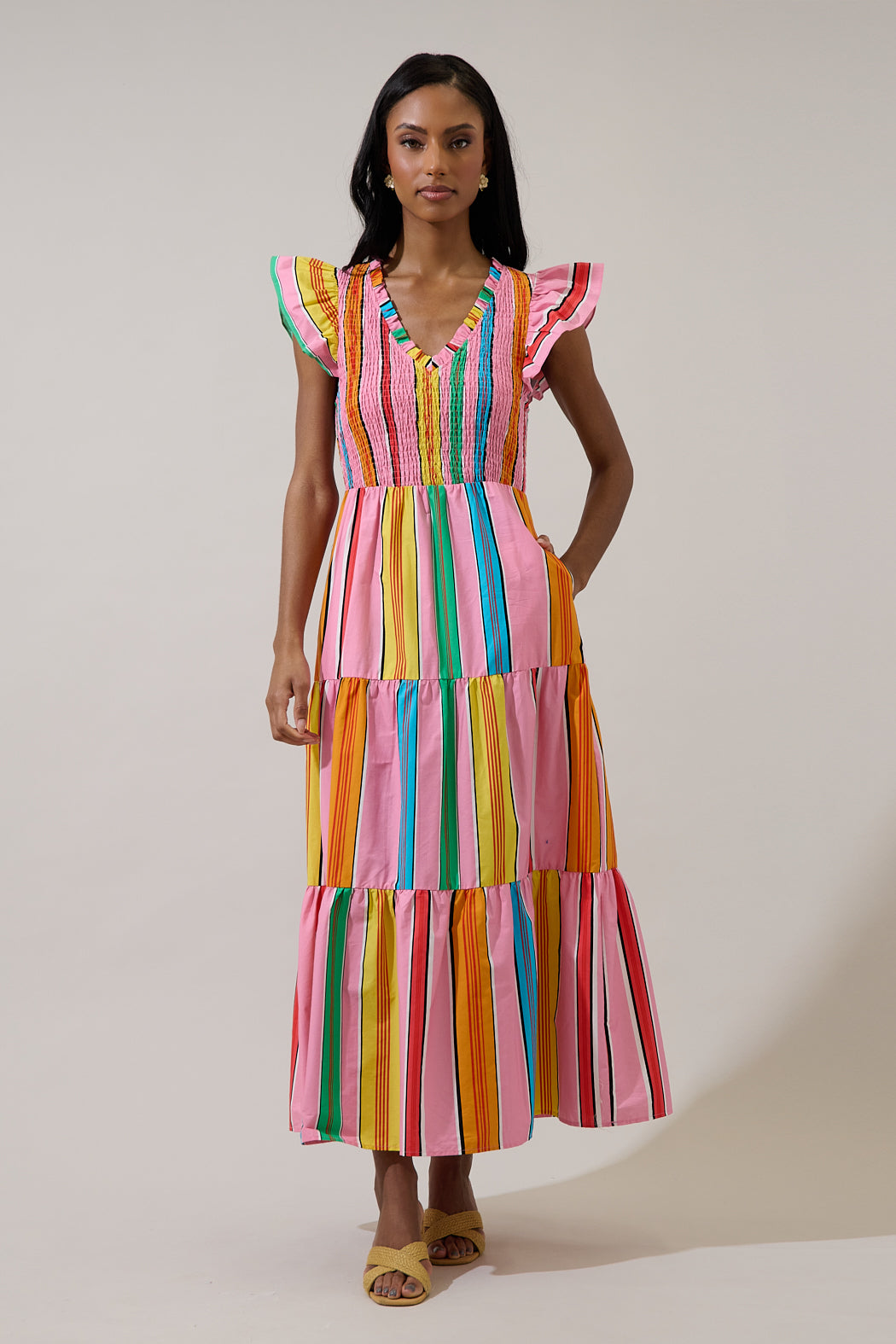 tiered midi dresses Viya Stripe Sunfire Tiered Midi Dress PINK-MUL-STRIPE / M by Sugarlips