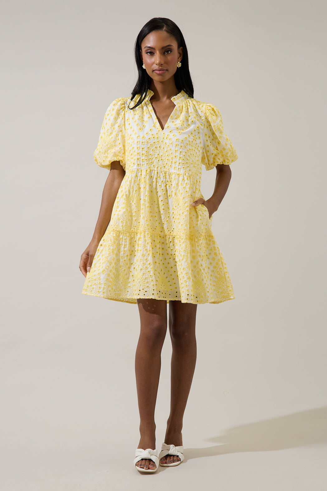 Jacey Babydoll Mini Dress Shayla Eyelet WHITE-YELLOW / M by Sugarlips Jacey Babydoll Mini Dress Shayla Eyelet WHITE-YELLOW / M by Sugarlips