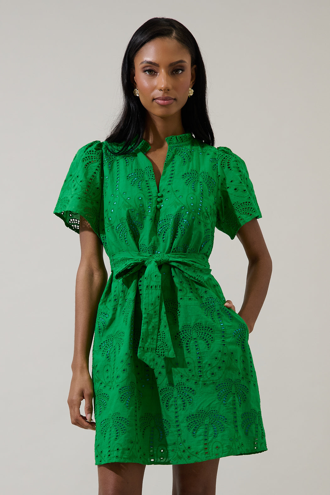 Ema Shift Mini Dress Palms Eyelet GREEN / S