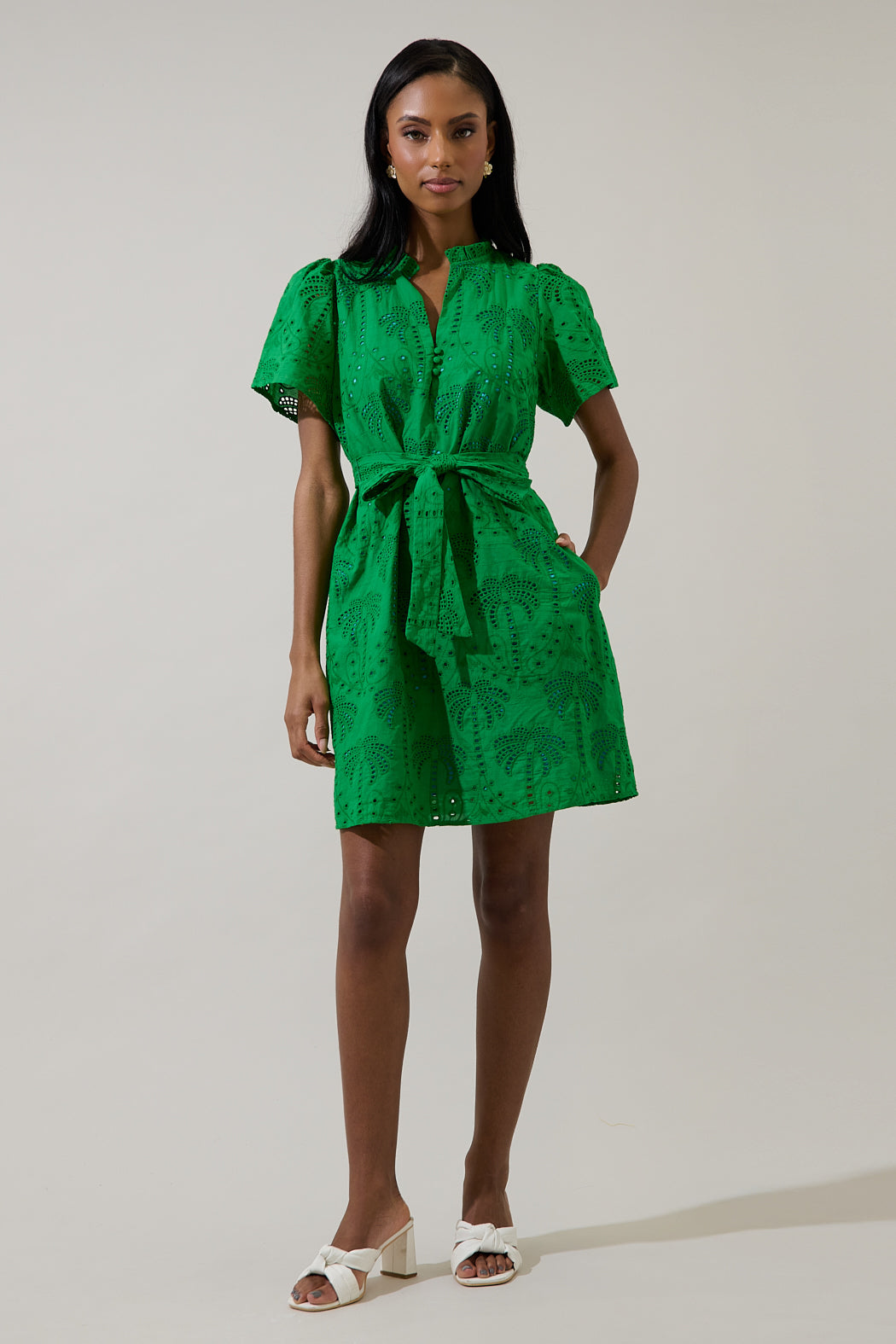 Ema Shift Mini Dress Palms Eyelet GREEN / S