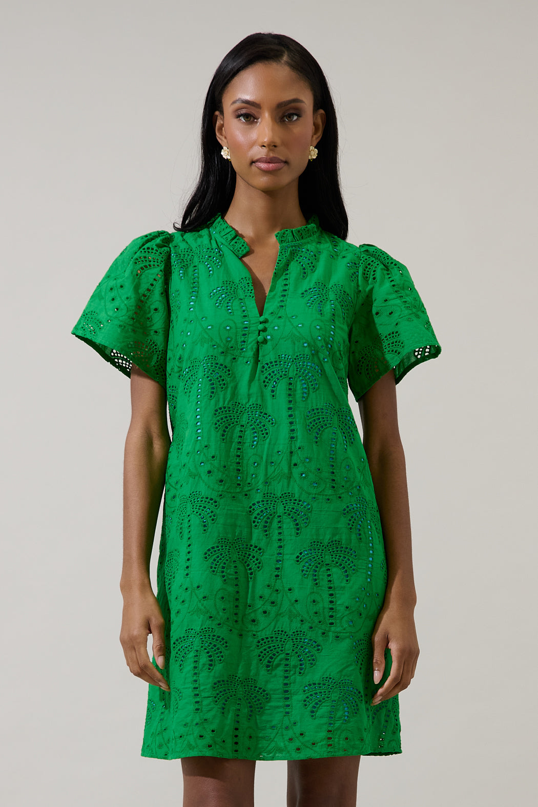 short sleeve eyelet shift dress XIAONU Three-Quarter-Sleeve Midi Dress for Women Eyelet-Trim V-Neck Spring Summer Casual Tunic