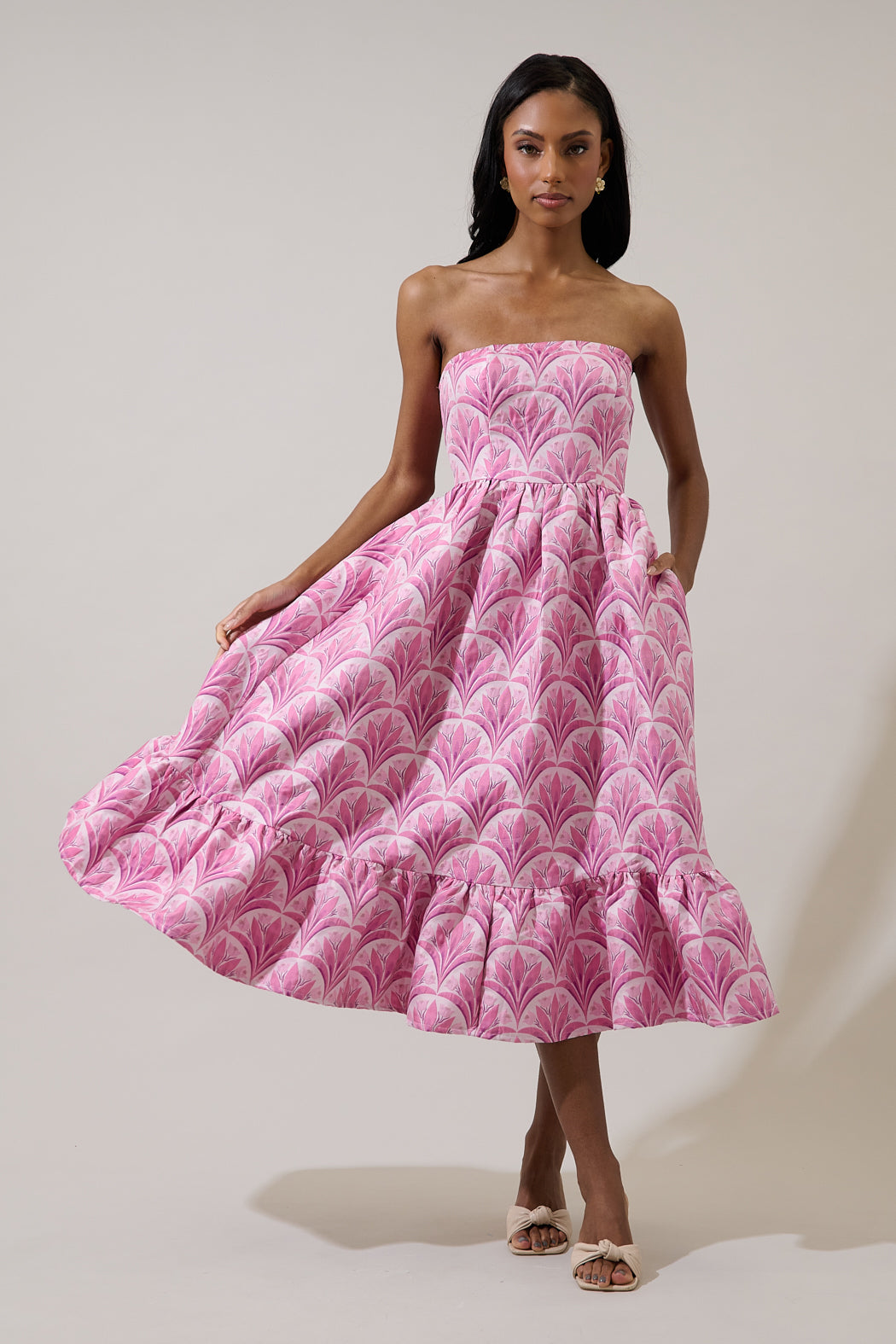 floral jacquard strapless midi dress Floral Jacquard Strapless Pleated Midi Dress - B.Right Apparel