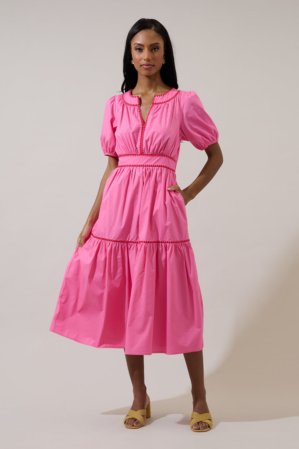 Taliah Puff Sleeve Midi Dress PINK-RED / M by Sugarlips Taliah Puff Sleeve Midi Dress PINK-RED / M by Sugarlips