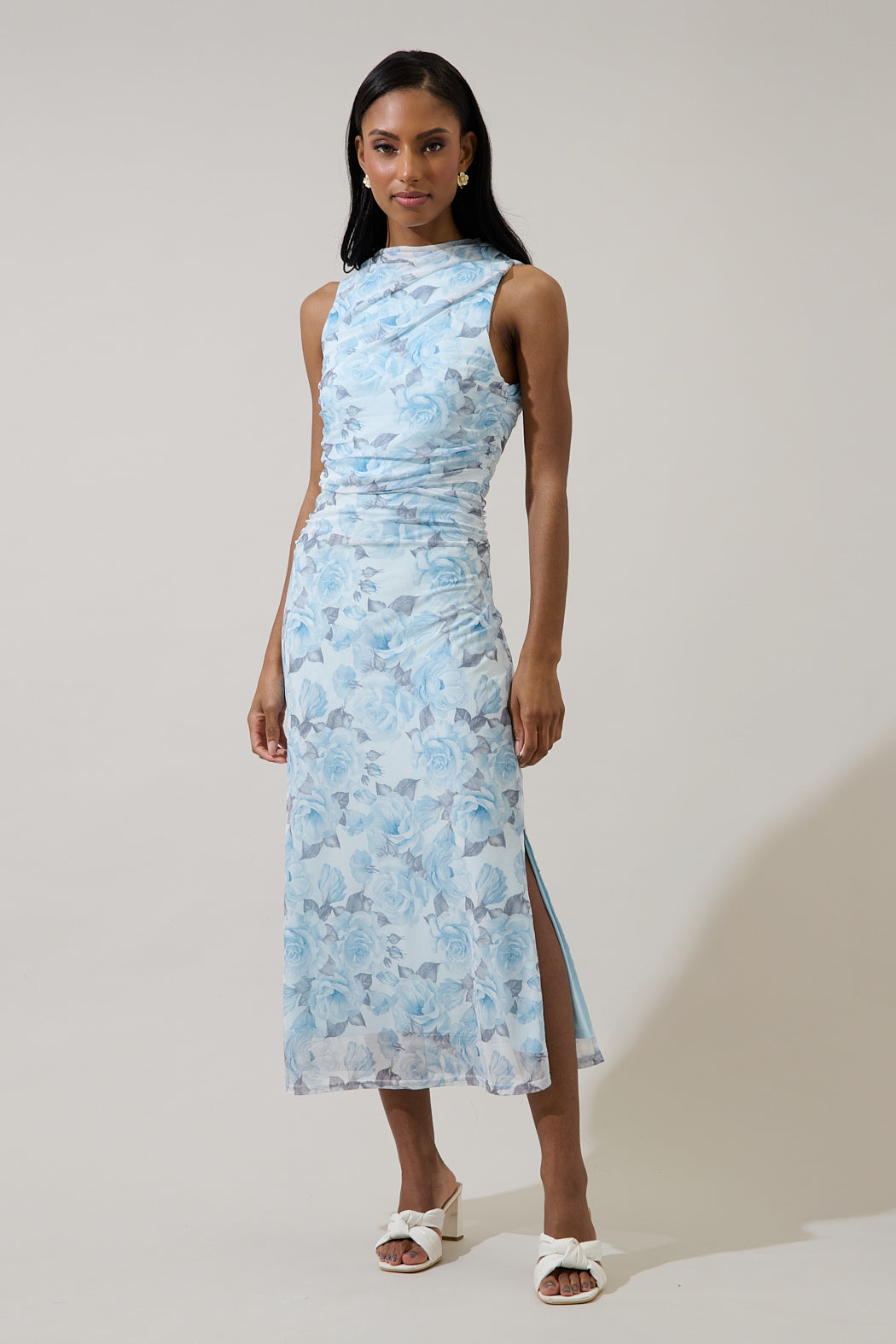 Glacier Floral Ruched Midi Dress WHITE-BLUE / L by Sugarlips