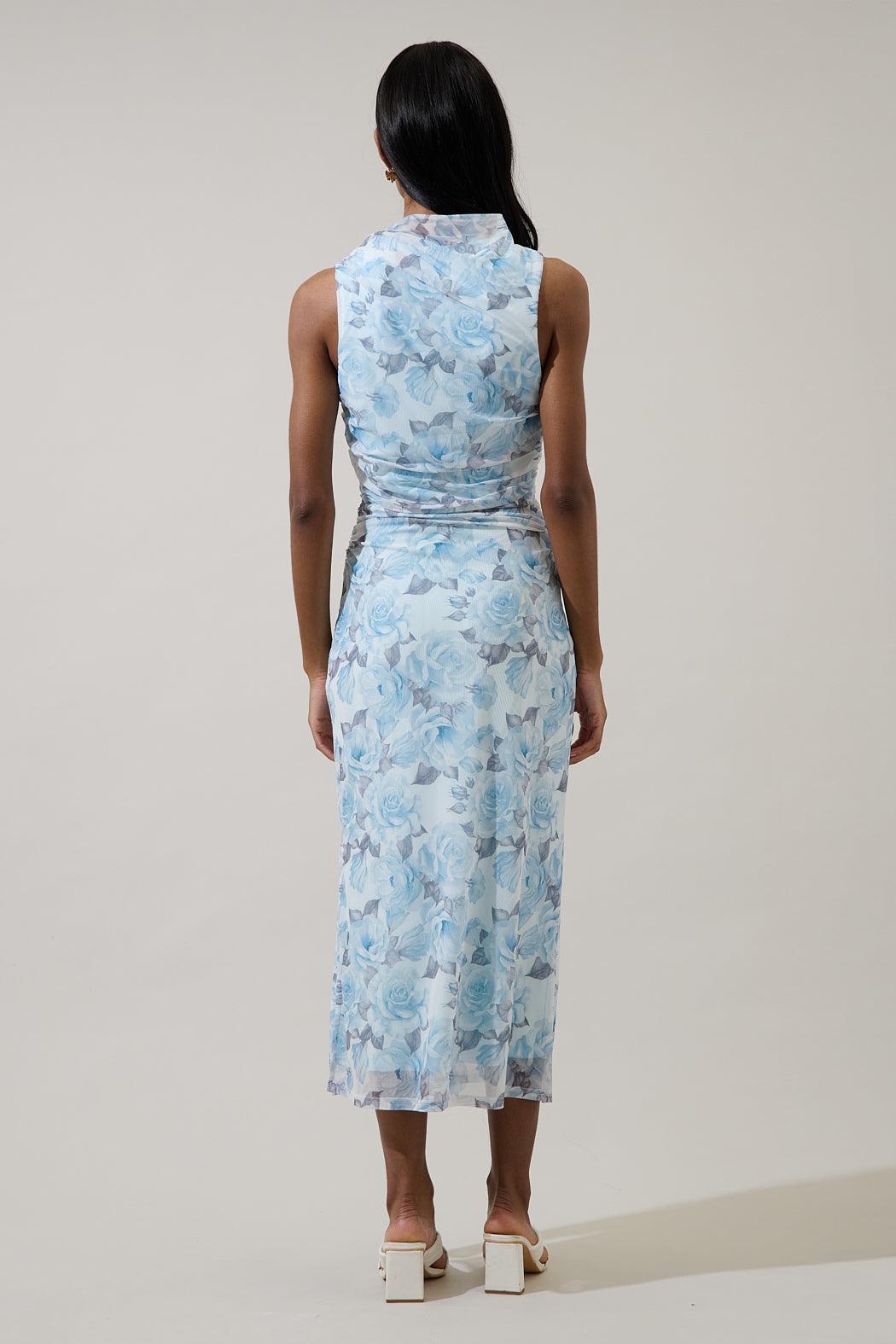 blue floral ruched midi dress Clothing : Bodycon Dresses : 'Sirene' Blue Floral Ruched Midi Dress