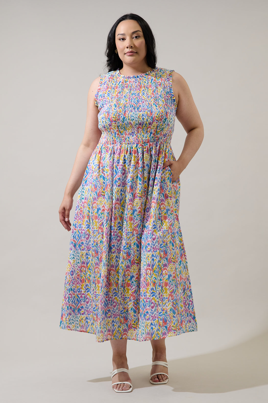 smocked sleeveless midi dress Coco Smocked Sleeveless Midi Dress in moonstone blue