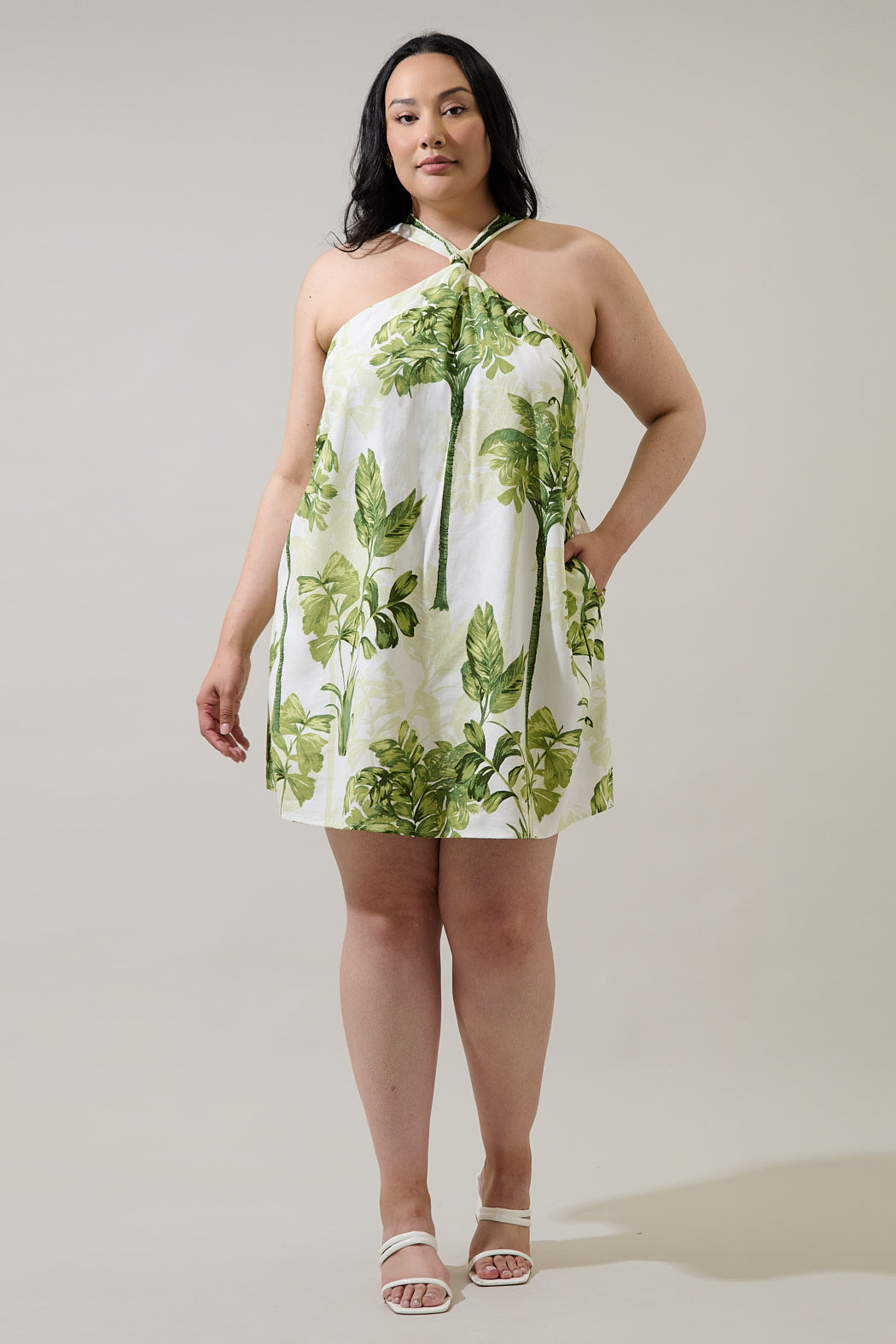 Palmet Tropical Amory Halter Mini Dress Curve CREAM-GREEN / 2X