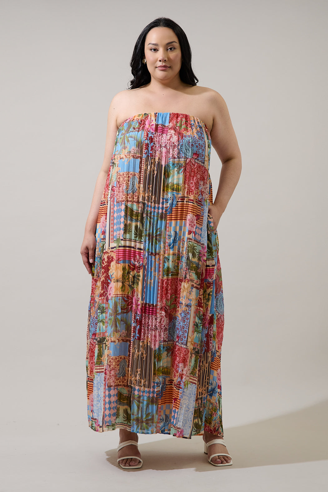 tropical pleated maxi dress Melani Tropical Isabela Pleated Maxi Dress Curve BLUES-MUL / 3X by Sugarlips