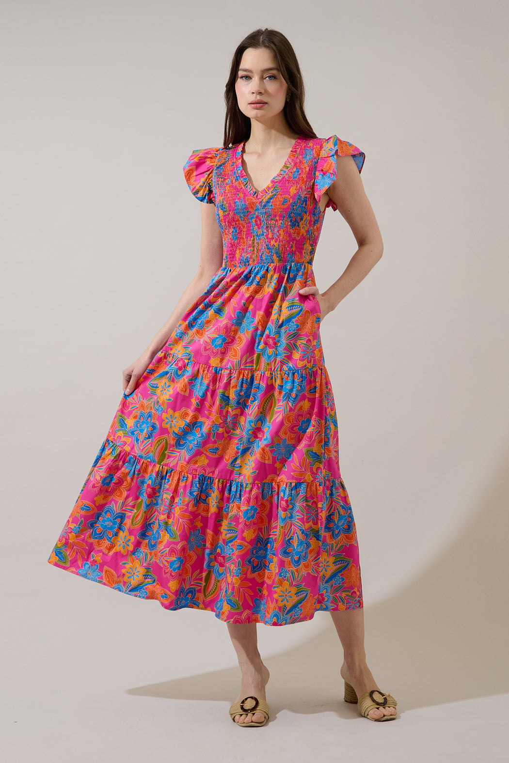 Ranchero Floral Sunfire Smocked Bodice Tiered Midi Dress Blue-Orange / M by Sugarlips Ranchero Floral Sunfire Smocked Bodice Tiered Midi Dress Blue-Orange / M by Sugarlips