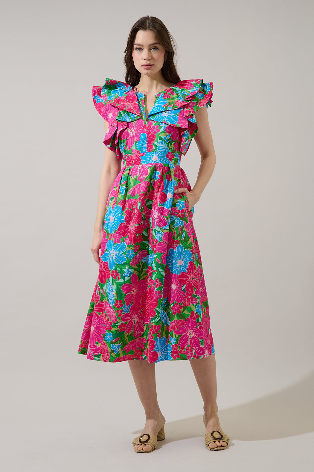 Santana Tie Back Midi Dress Mervy Floral PINK-BLUE-GRN / M