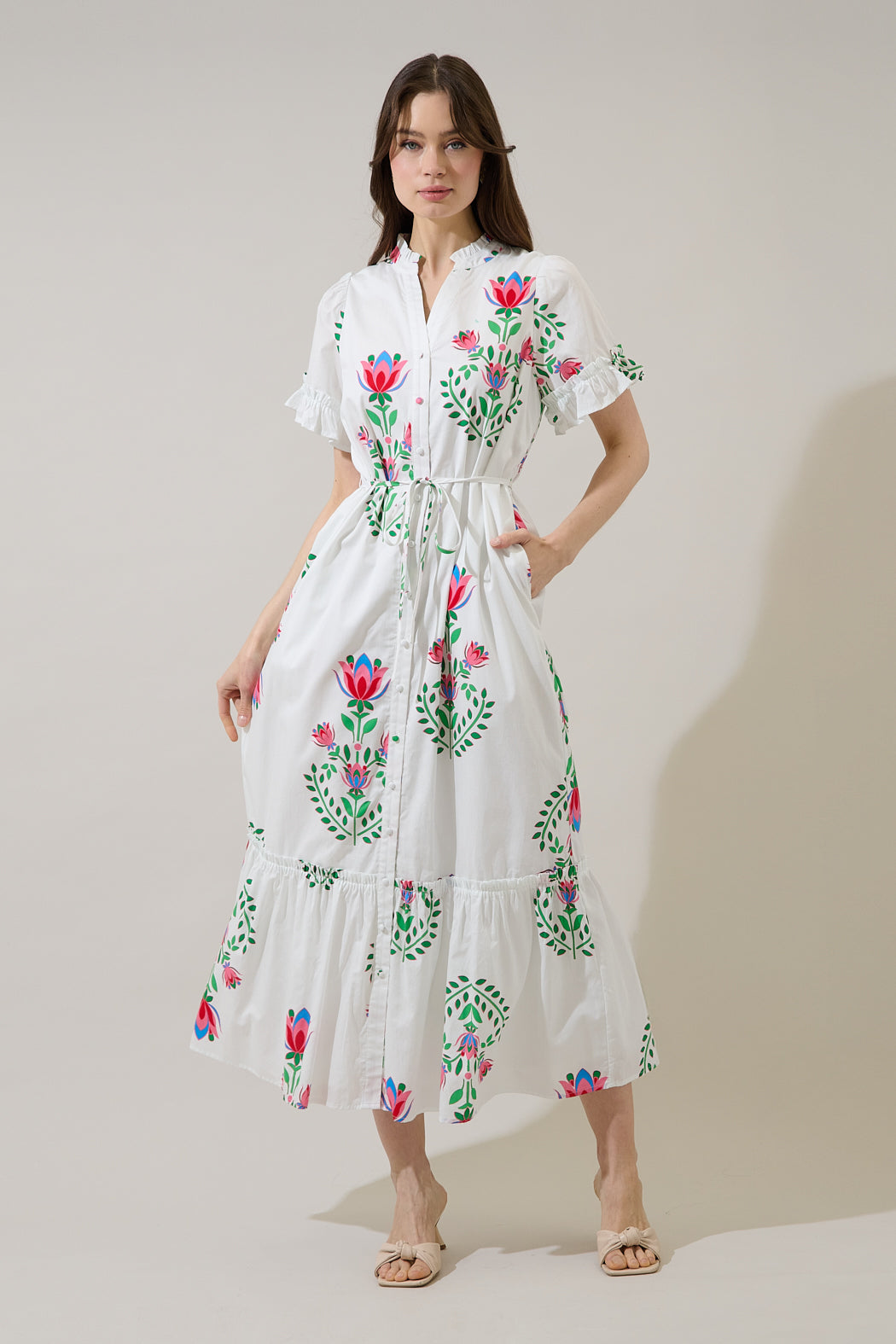 button up midi dress Alna Button Up Midi Dress Saury Floral WHT-GRN-MUL / XS by Sugarlips