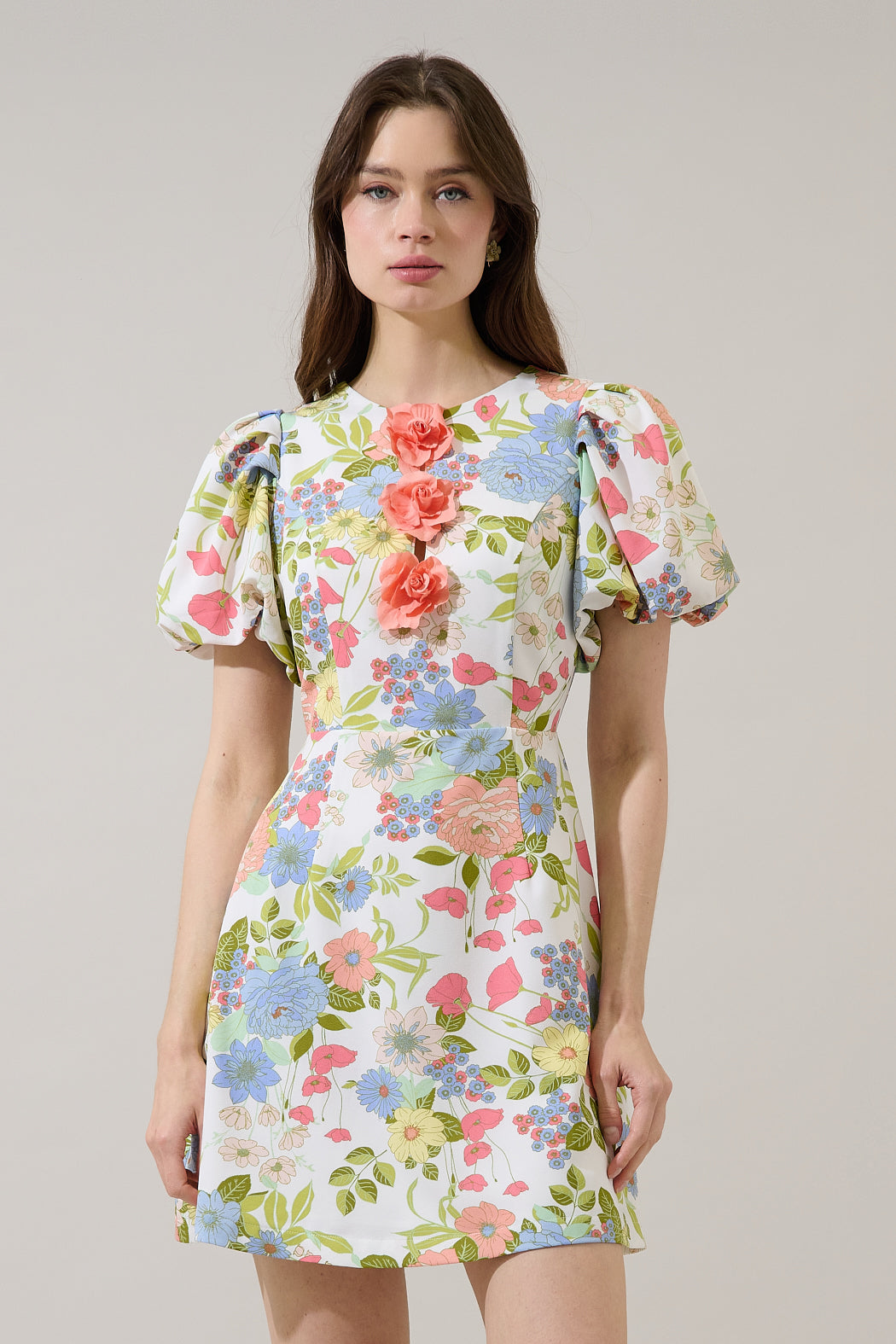 Rosette Bubble Sleeve Mini Dress Esther Floral Sugarlips Rosette Bubble Sleeve Mini Dress Esther Floral Sugarlips