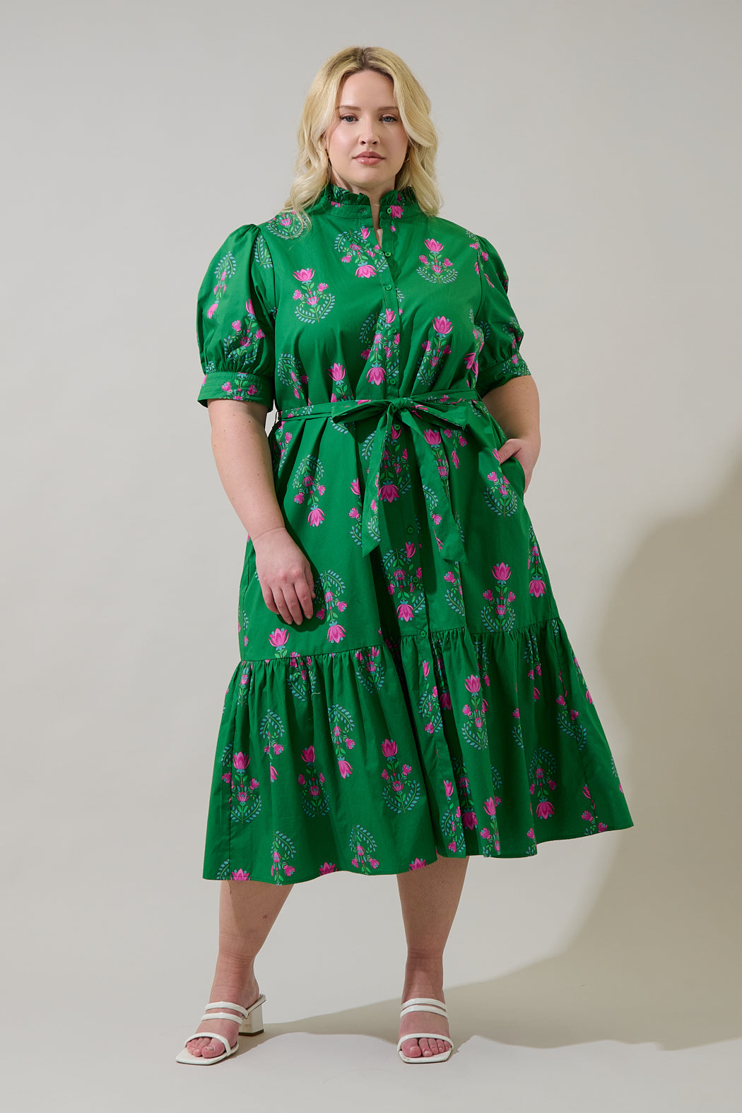 Giles Button Up Midi Dress Saura Floral Curve GRN-PINKS / 2X by Sugarlips Giles Button Up Midi Dress Saura Floral Curve GRN-PINKS / 2X by Sugarlips