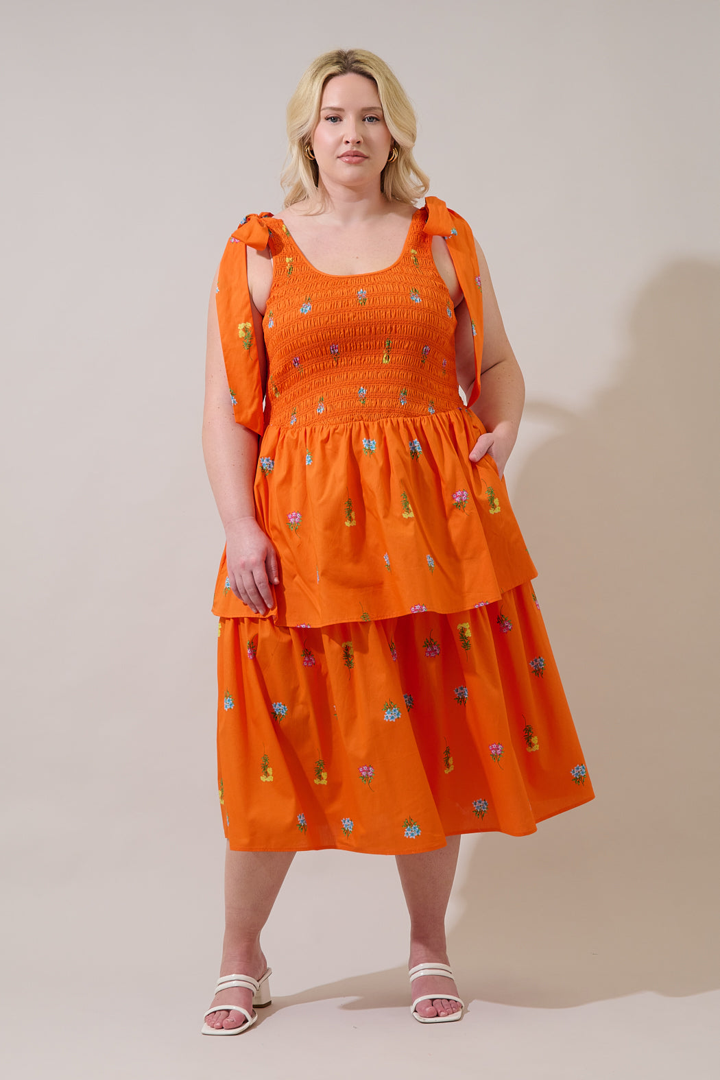 Kasia Smocked Midi Dress Denvie Floral Curve ORANGE-MUL / 3X