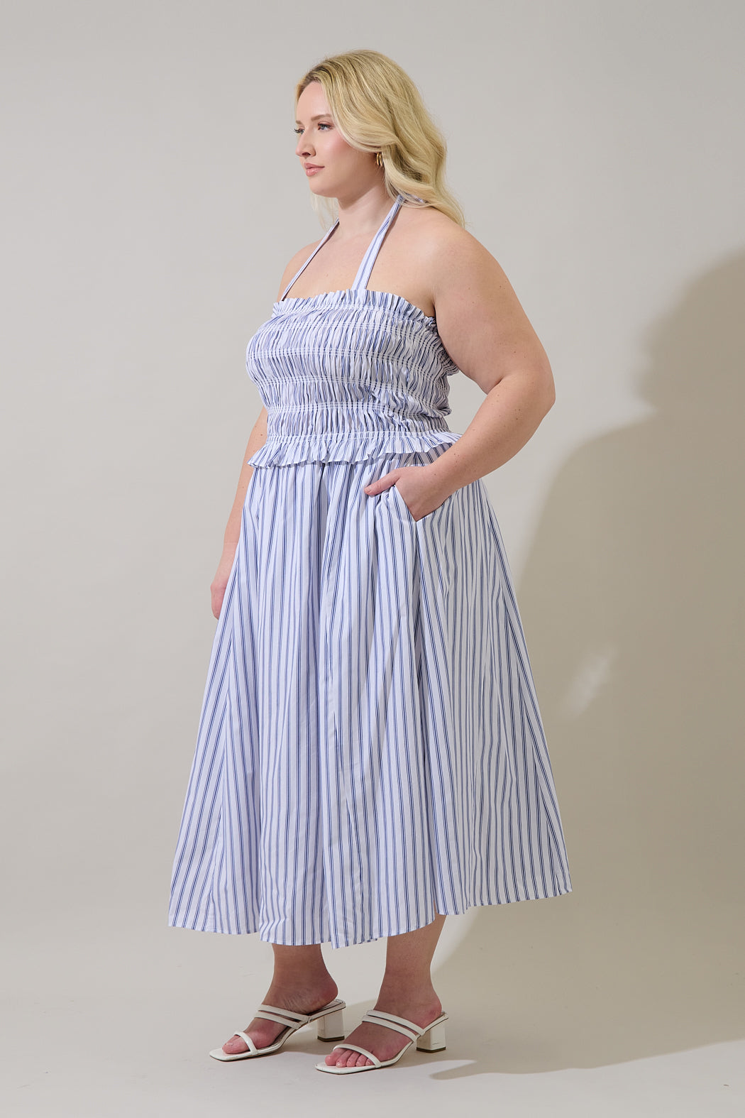 Sugarlips Plus Size Kolin Striped Print Halter Neck Sleeveless Smocked Midi Dress, Womens, 2X, White/Black Sugarlips Plus Size Kolin Striped Print Halter Neck Sleeveless Smocked Midi Dress, Womens, 2X, White/Black