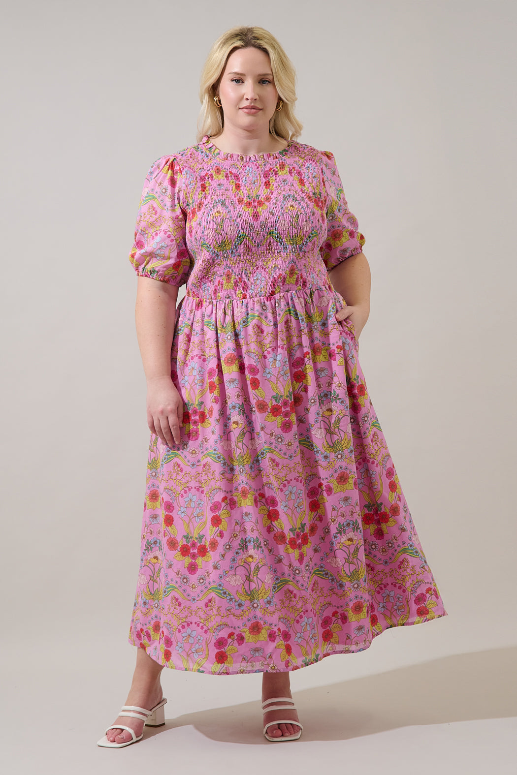 flowered plus size dresses Ramsie Floral Bermy Smocked Maxi Dress Curve CREAM-PINK-MUL / 1X by Sugarlips