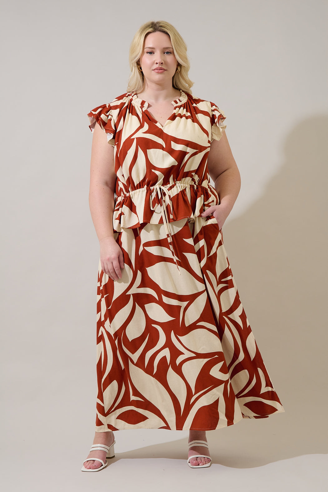 astra maxi dress Blissy Tropical Astra Ruffle Maxi Dress Curve KELLY-BLUE-MUL / 1X by Sugarlips