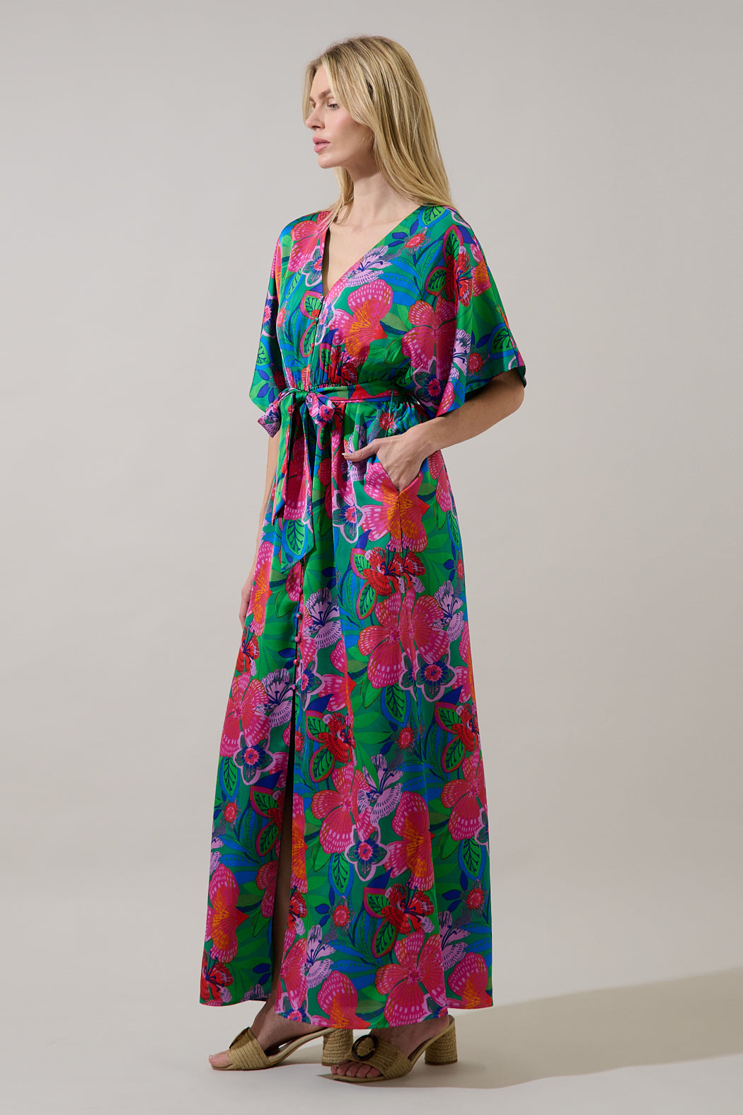 maxi dress and kimono Sugar Lips Women's Mielle Kimono Maxi Dress Hansel Floral Fuchsia XS