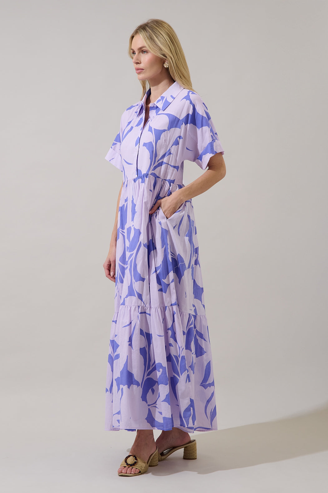 Astera Collared Button Up Maxi Dress Nataly Floral LAVENDER / XS by Sugarlips Astera Collared Button Up Maxi Dress Nataly Floral LAVENDER / XS by Sugarlips