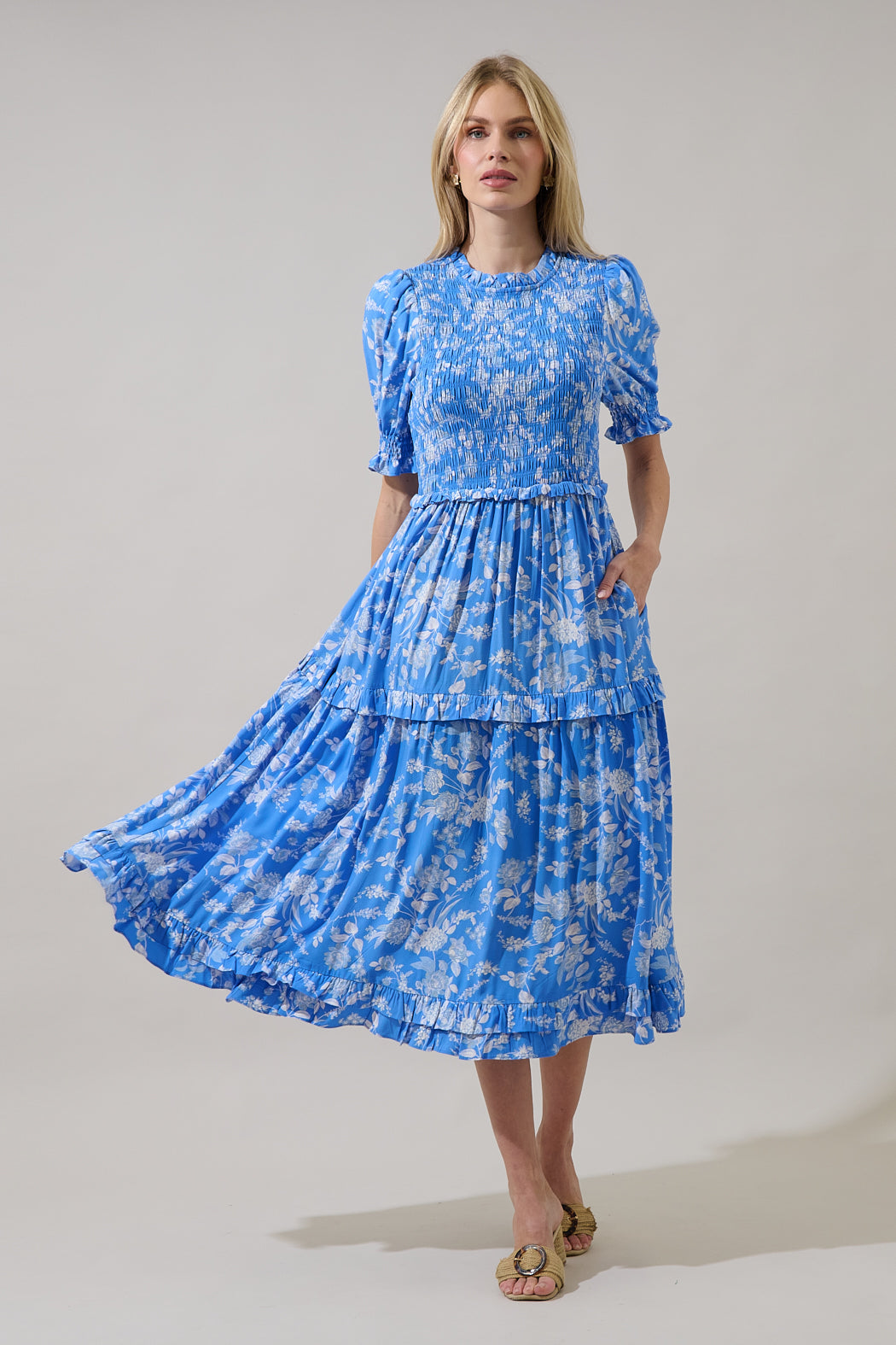 SUGARLIPS Women's Odella Floral Analisa Smocked Midi Dress - Blue - Casual dresses SUGARLIPS Women's Odella Floral Analisa Smocked Midi Dress - Blue - Casual dresses