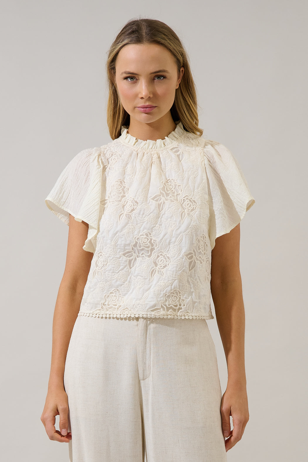 Gretal Embroidered Flutter Sleeve Top
