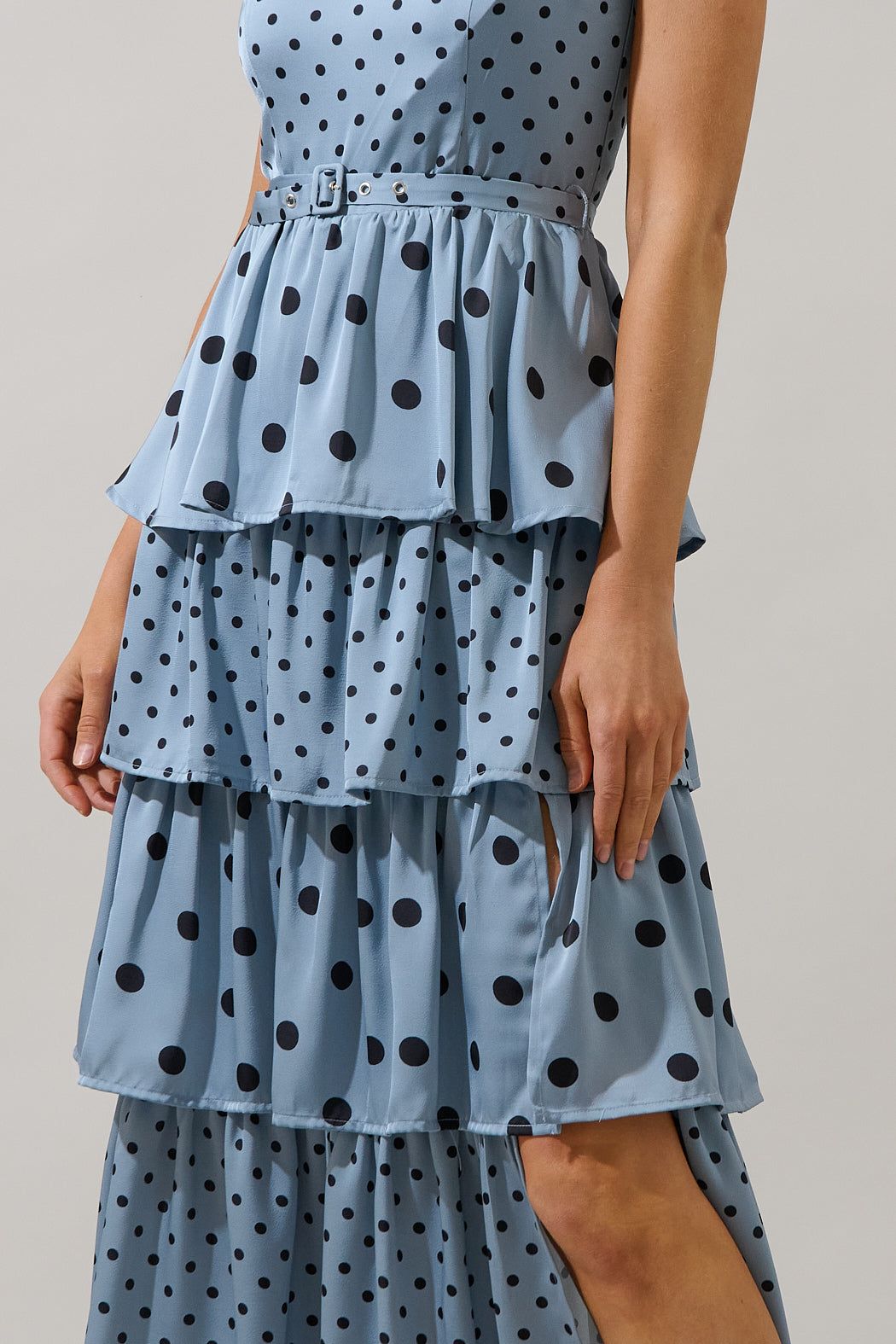 polka dot tiered midi dress O.P.T. Cava Dress - Black Polka Dot Dress - Tiered Midi Dress