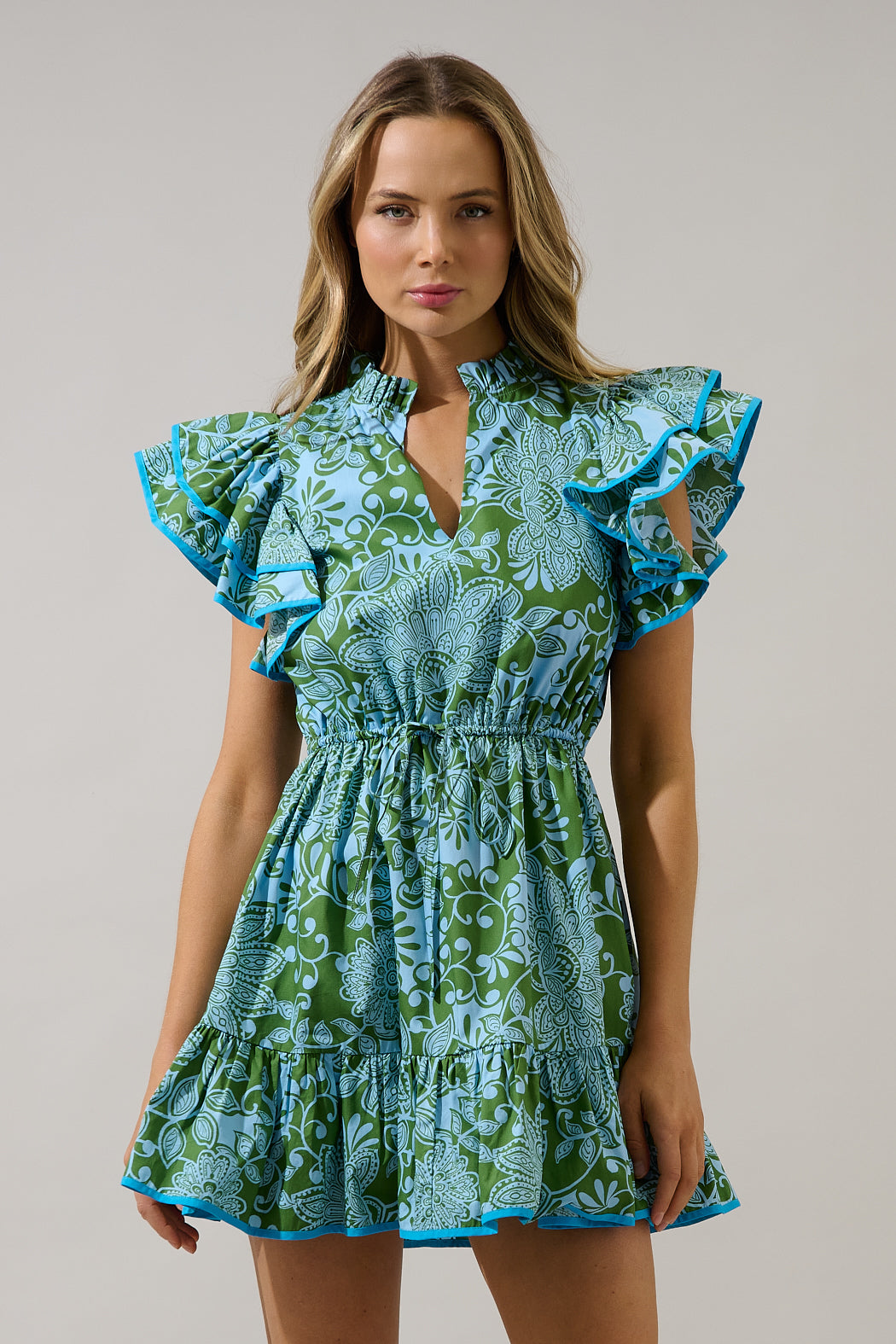 floral mini dress formal Hollin Floral Flare Mini Dress PINK-GREEN-MULTI / L by Sugarlips