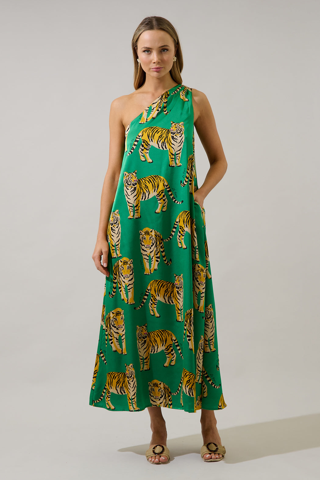 Glena Pleated Maxi Dress Tiger GREEN-YELLOW / XL