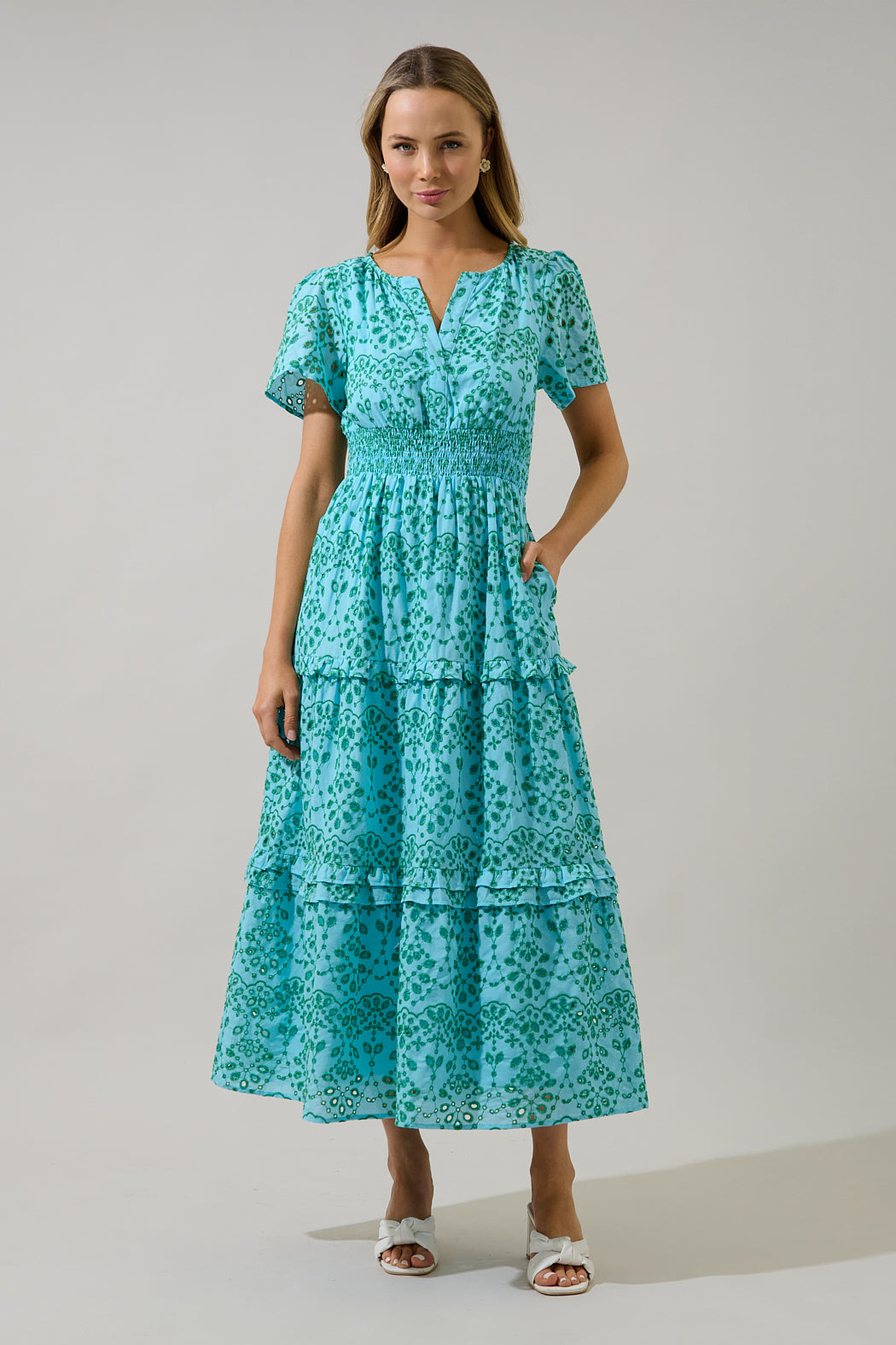 midsummer eyelet tiered maxi dress ASTR Midsummer Eyelet Tiered Maxi Dress In Pink Multi Floral