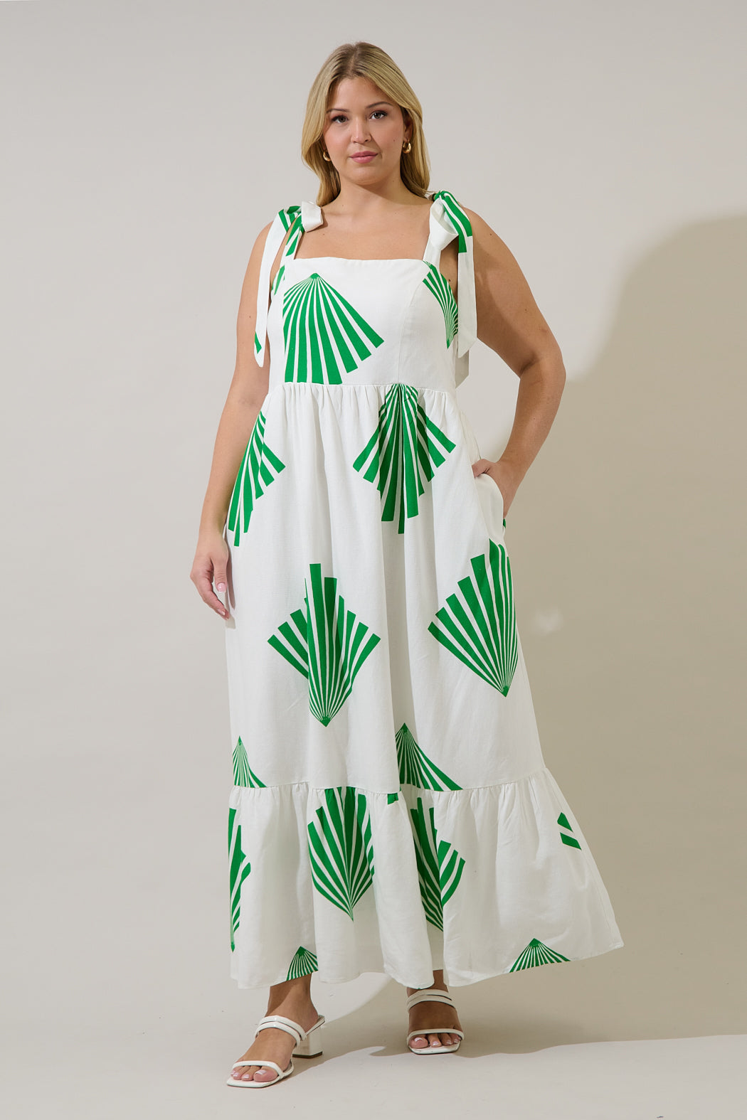 Hendy Shoulder Tie Maxi Dress Fan Breeze Curve WHT-GREENS / 2X by Sugarlips Hendy Shoulder Tie Maxi Dress Fan Breeze Curve WHT-GREENS / 2X by Sugarlips