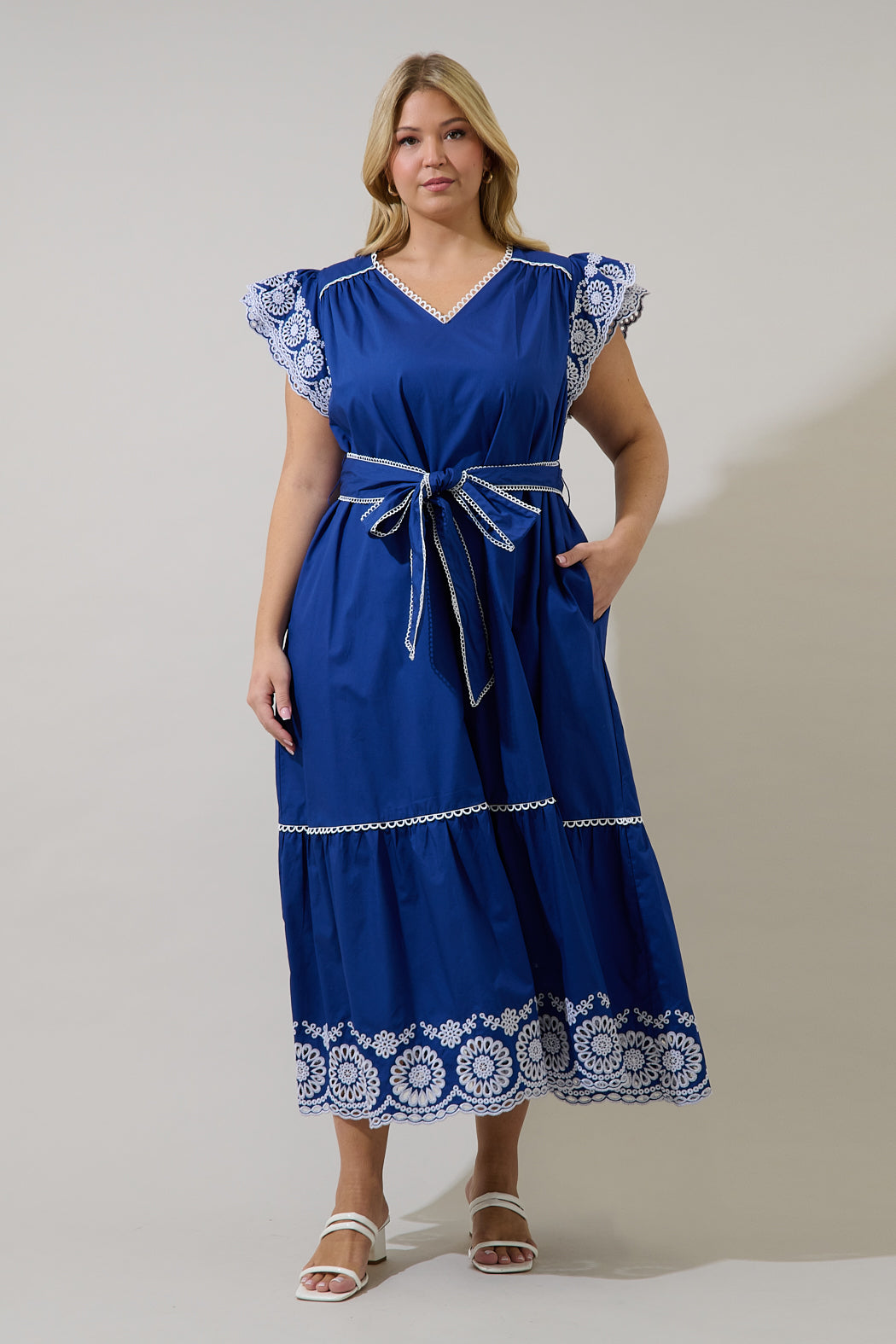 Siera Embroidered Ruffle Maxi Dress Curve NAVY-WHITE / 3X