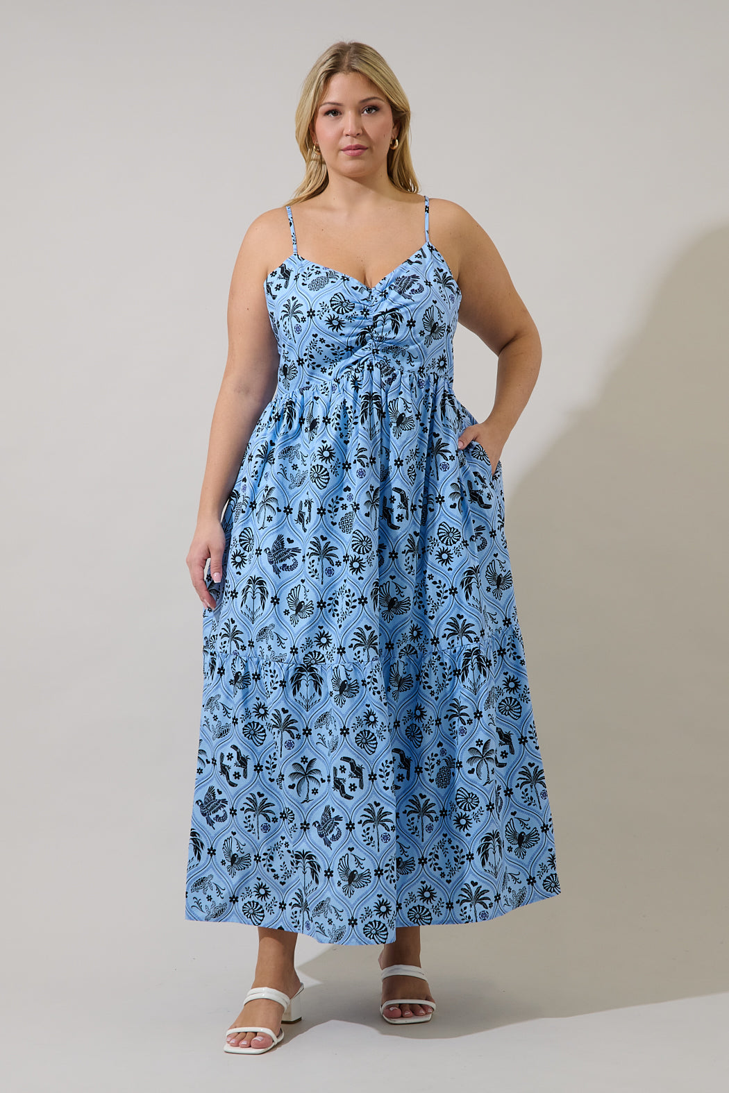 ruched dress curve Tierra Floral Nadia Ruched Midi Dress Curve BLUES / 1X by Sugarlips