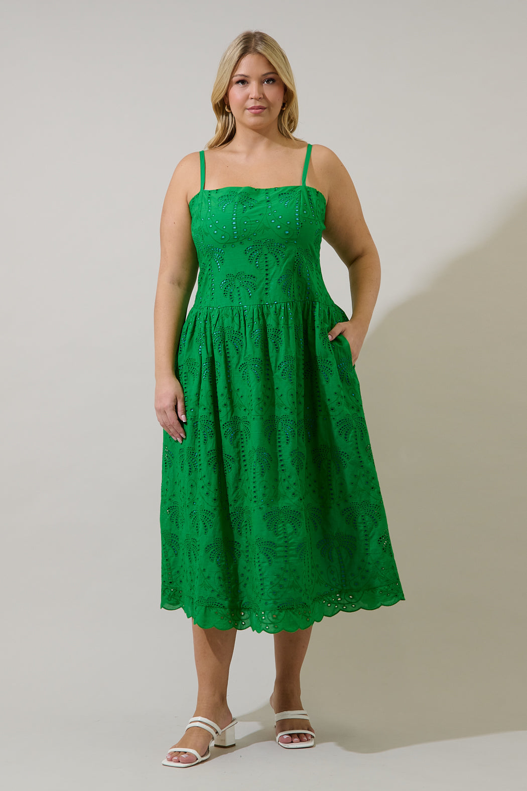 Selry Smocked Midi Dress Palms Eyelet Curve GREEN / 2X by Sugarlips Selry Smocked Midi Dress Palms Eyelet Curve GREEN / 2X by Sugarlips